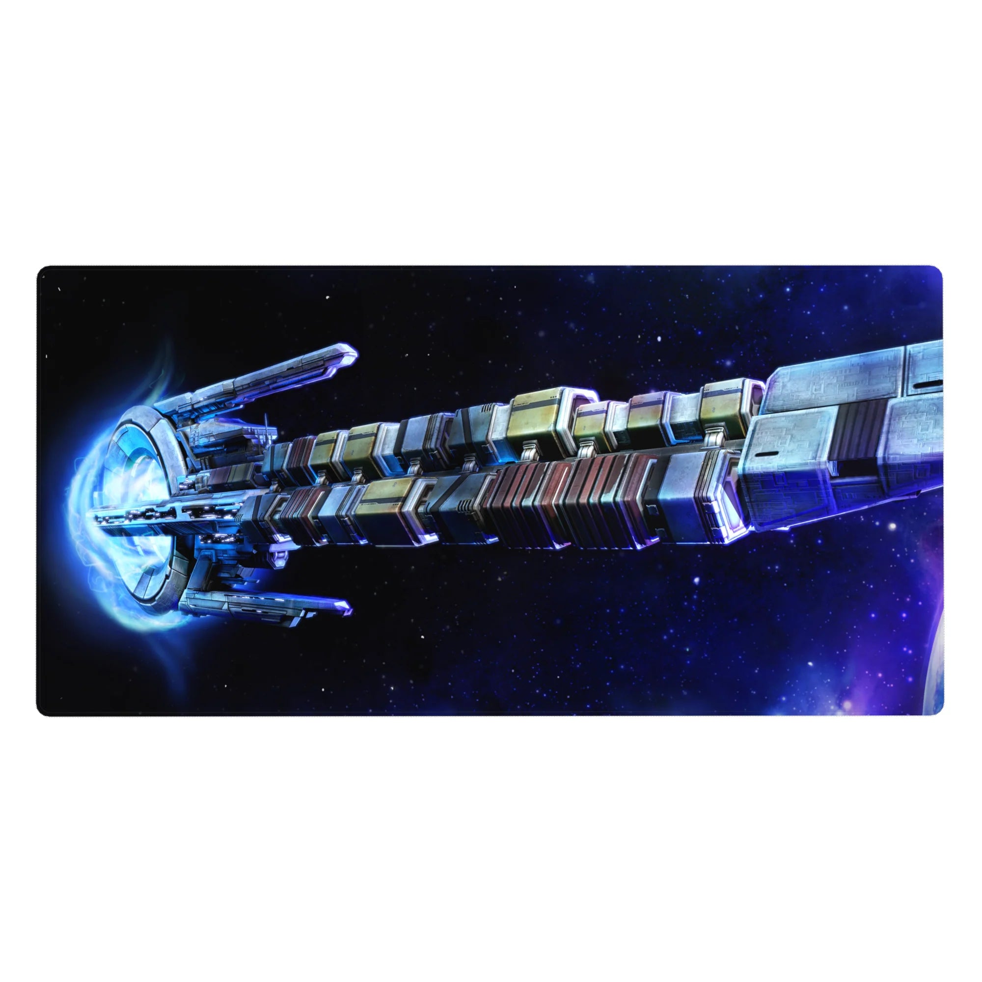 Large 40x20 inch desk pad with sleek sci‑fi spaceship design on a deep starry galaxy background.