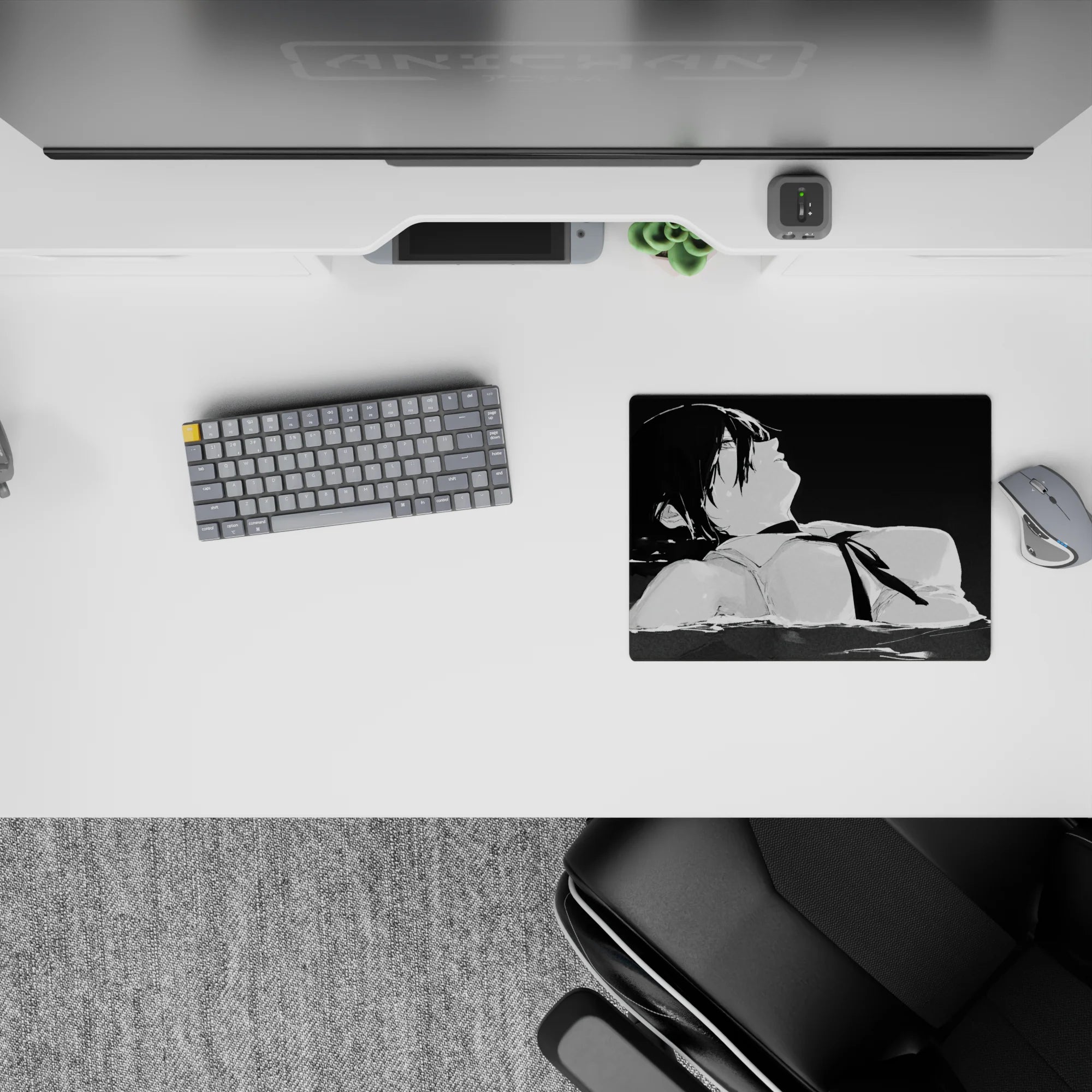 Anime mouse pad 14x10 inches featuring Aki Hayakawa from Chainsaw Man in grayscale water, eyes drifting skyward.