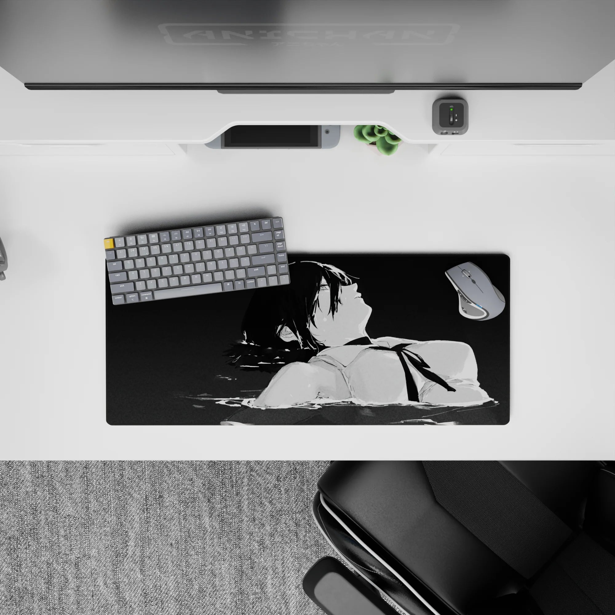 Anime mouse pad 28x12 inches featuring Aki Hayakawa from Chainsaw Man in grayscale water, with a black and white aesthetic.