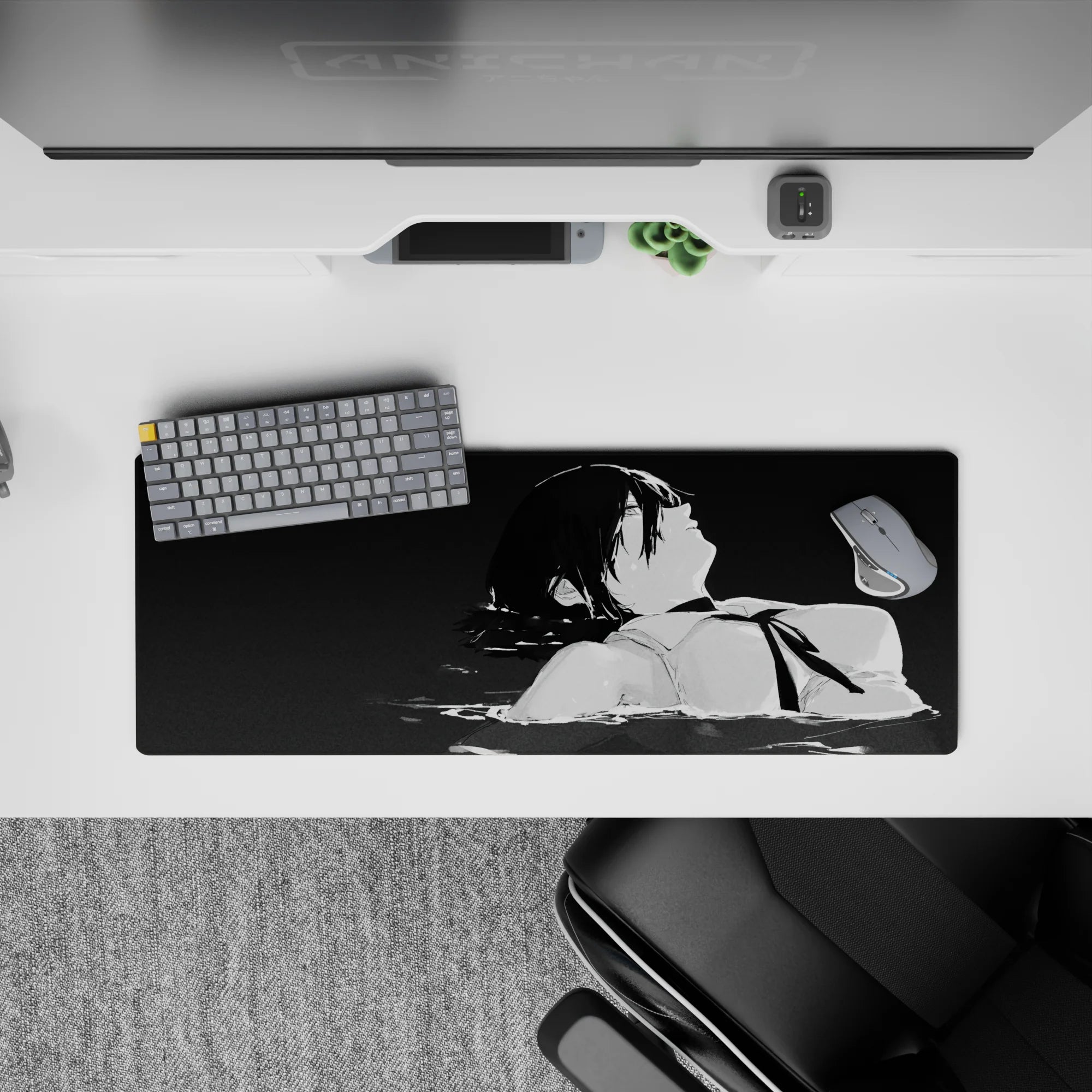 Anime mouse pad 32x12 inches featuring Aki Hayakawa from Chainsaw Man in grayscale, eyes skyward in a serene scene.