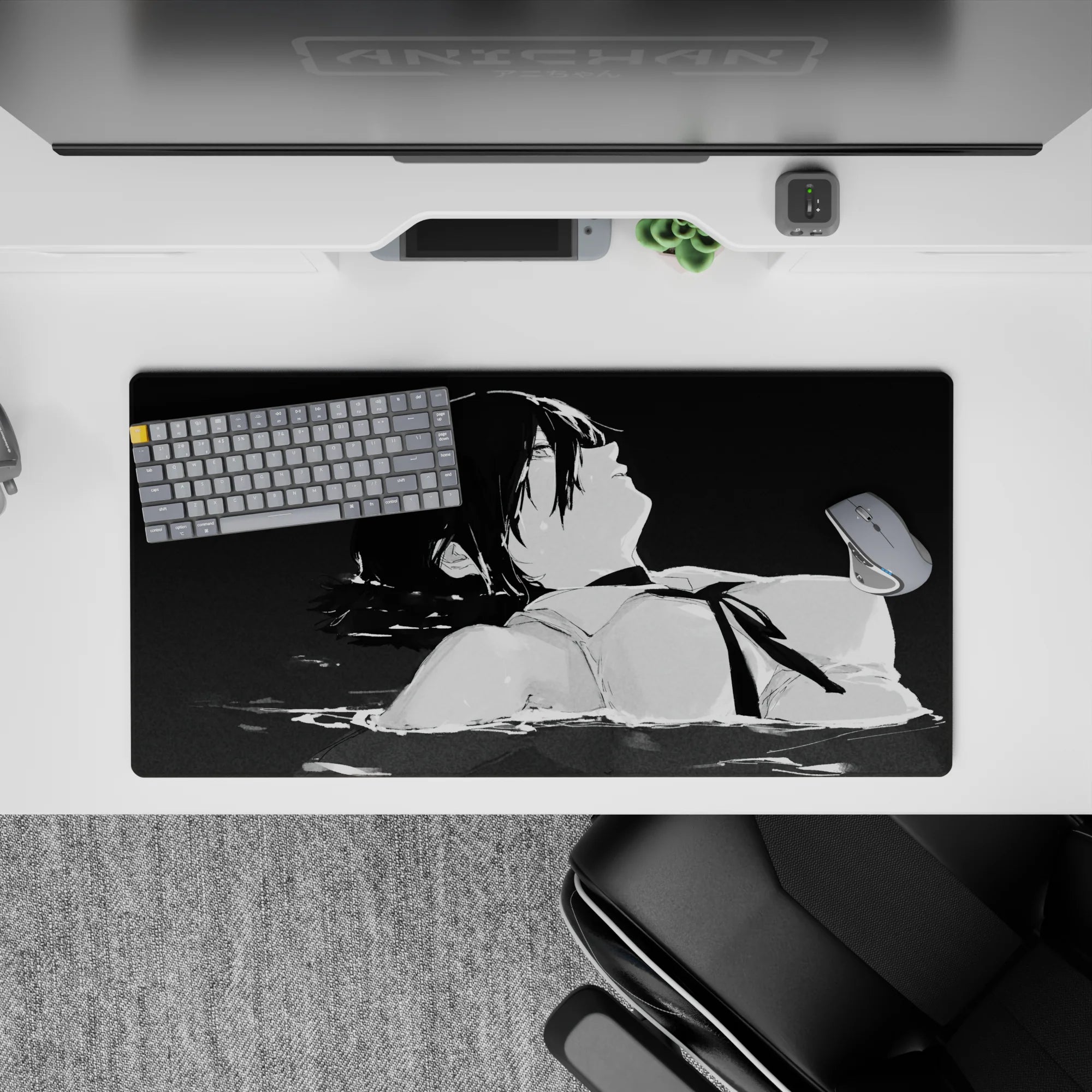 Anime mouse pad 32x16 inches featuring Aki Hayakawa from Chainsaw Man in grayscale, capturing a serene, emotional scene.