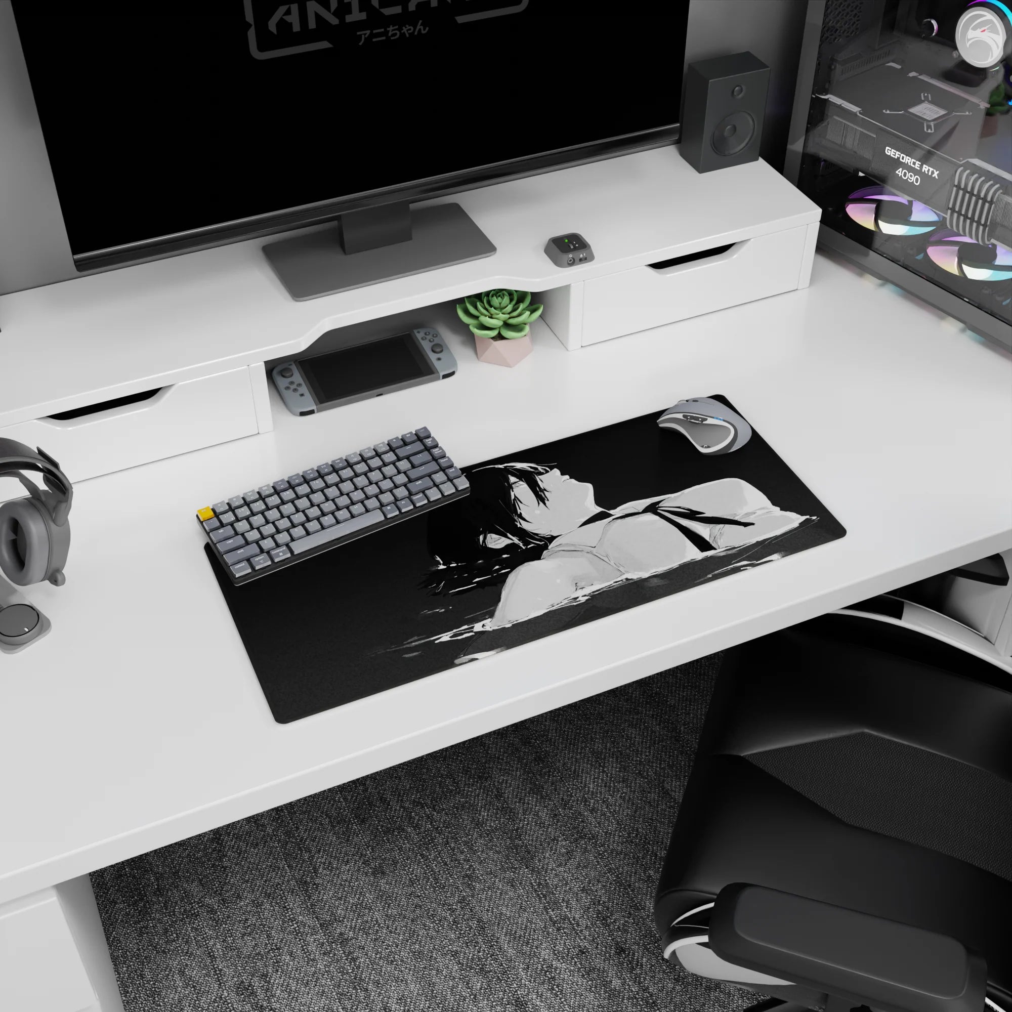 Anime mouse pad 28x12 inches featuring Aki Hayakawa from Chainsaw Man in grayscale water, evoking deep emotion.