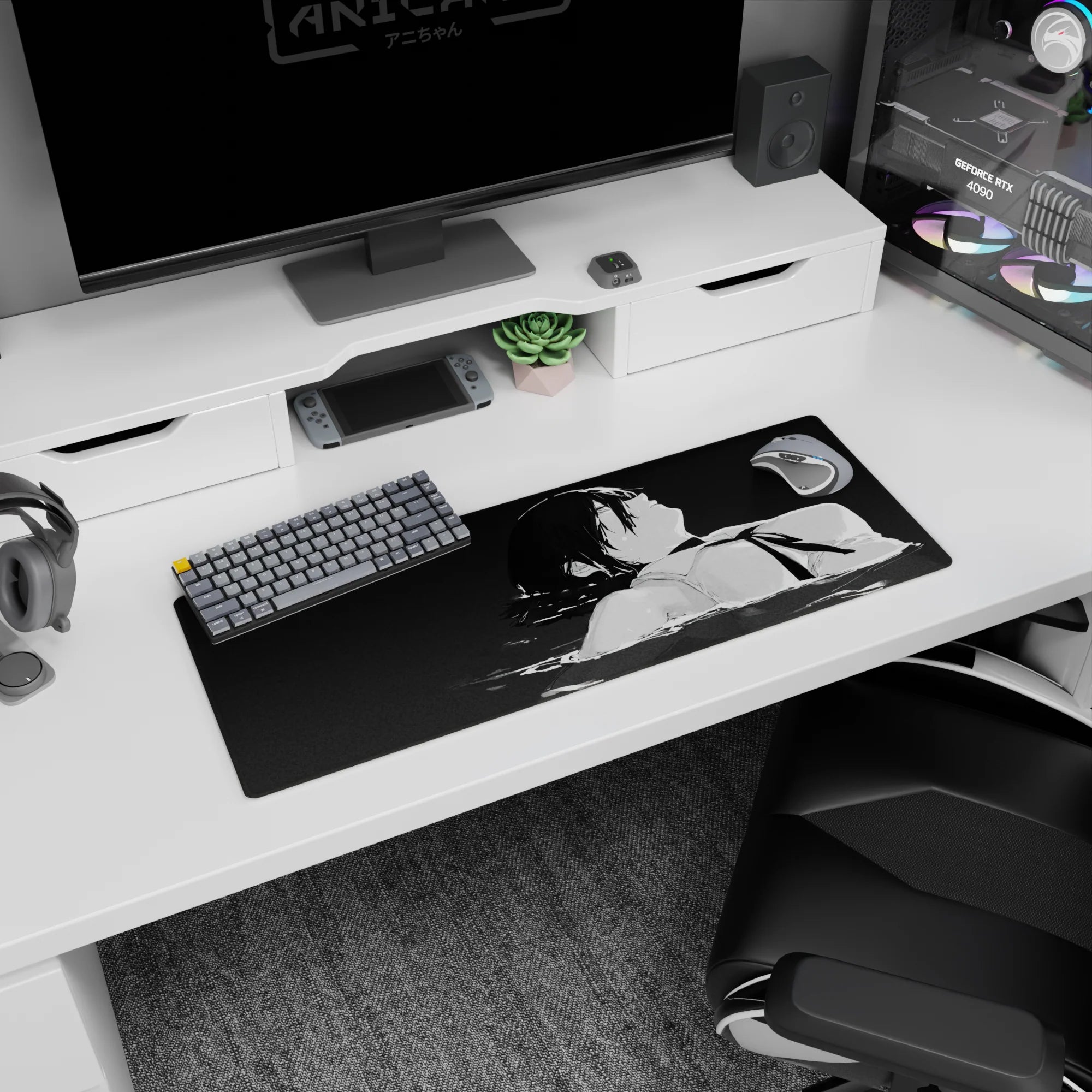 Anime mouse pad 32x12 inches featuring Aki Hayakawa from Chainsaw Man in grayscale water, evoking emotion and depth.