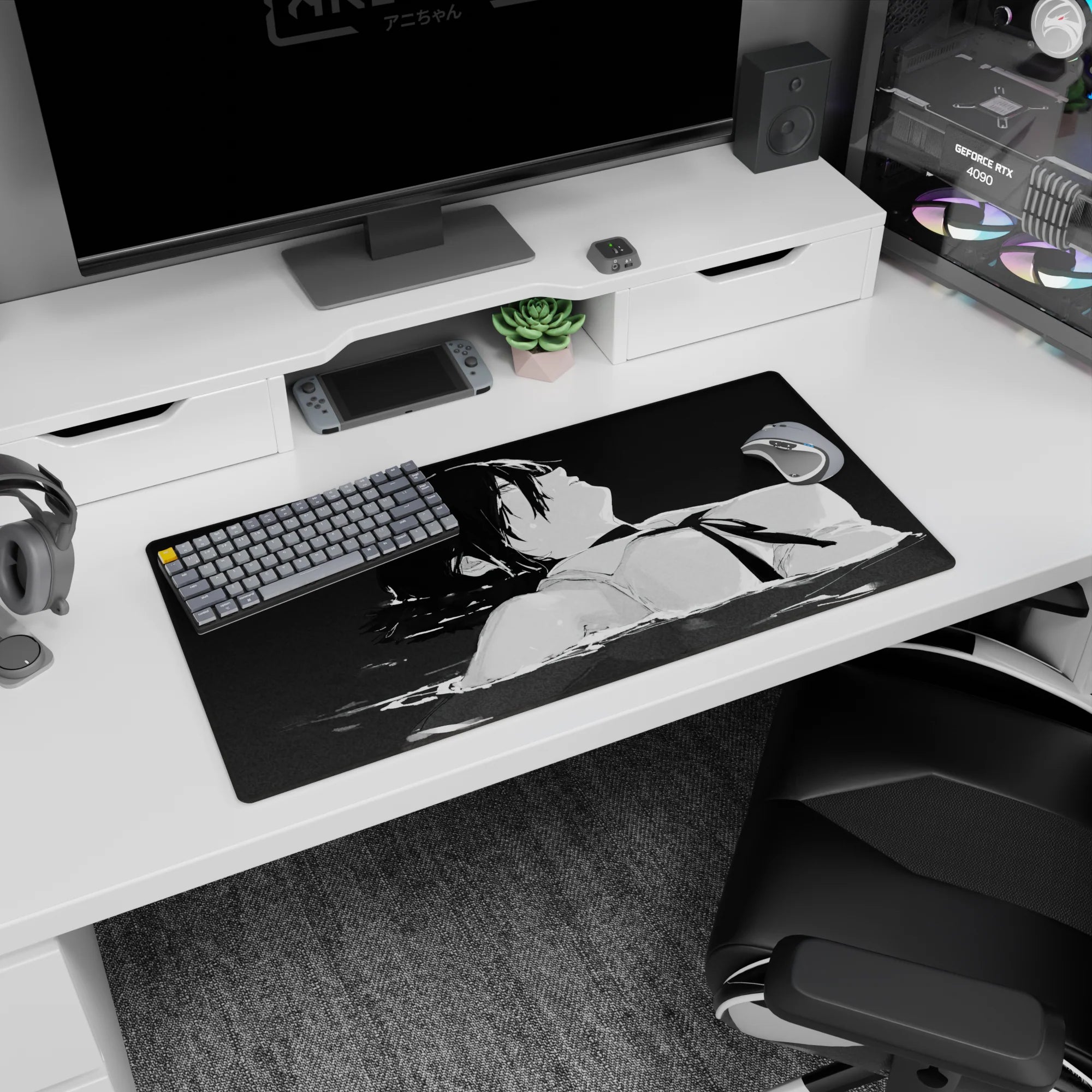 Anime mouse pad 32x16 inches featuring Aki Hayakawa from Chainsaw Man in grayscale water, evoking a haunting mood.