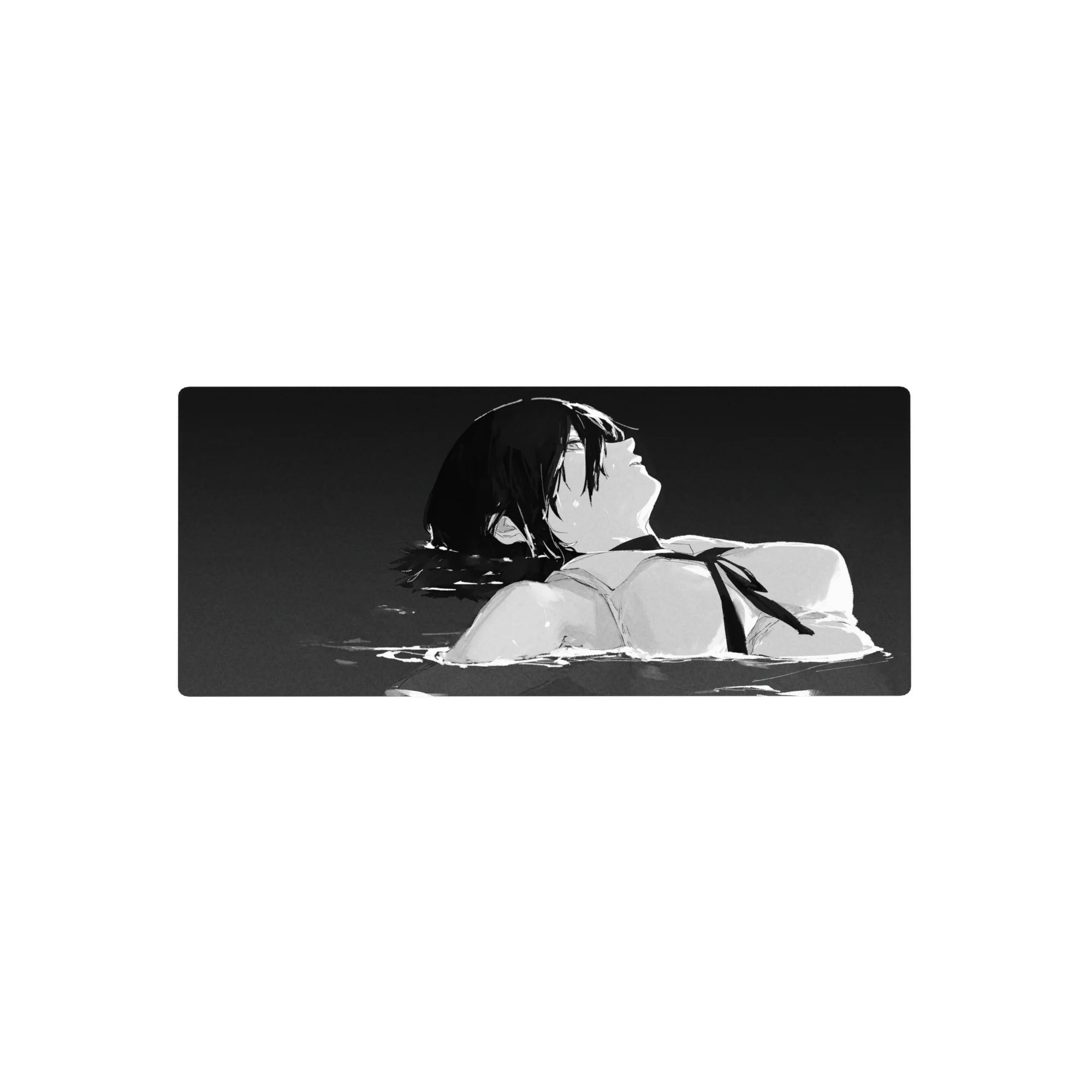 Anime mouse pad featuring Aki Hayakawa from Chainsaw Man in grayscale, 28x12 inches, evokes a raw, emotional mood.