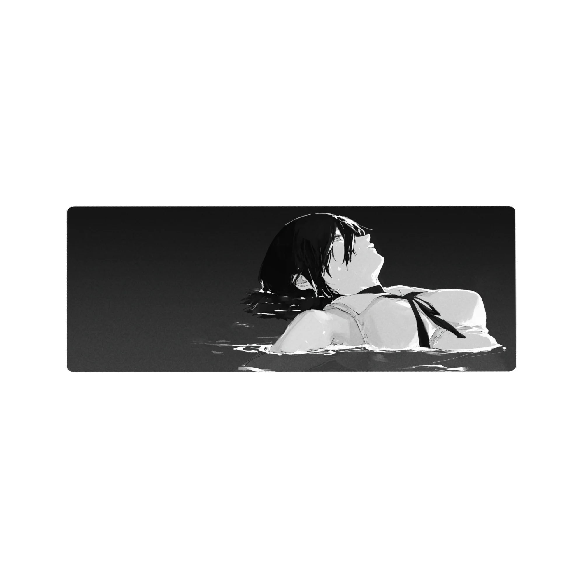 Anime mouse pad 32x12 inches featuring Aki Hayakawa from Chainsaw Man in grayscale water with a black and white aesthetic.