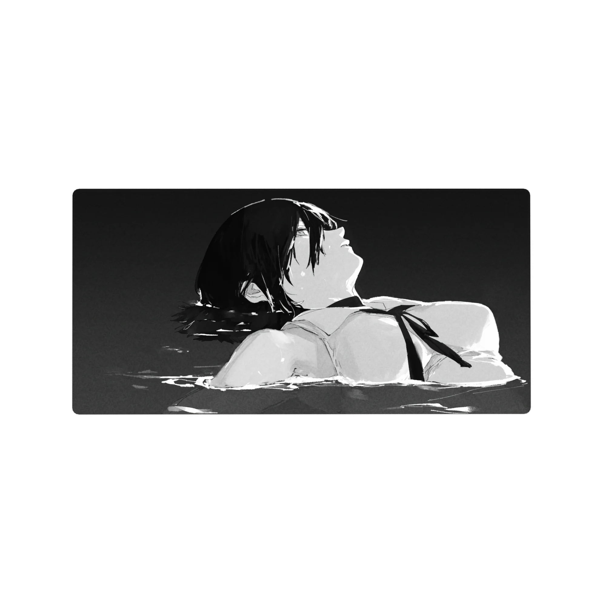 Anime mouse pad 32x16 inches featuring Aki Hayakawa from Chainsaw Man in grayscale, conveying deep emotion and mood.