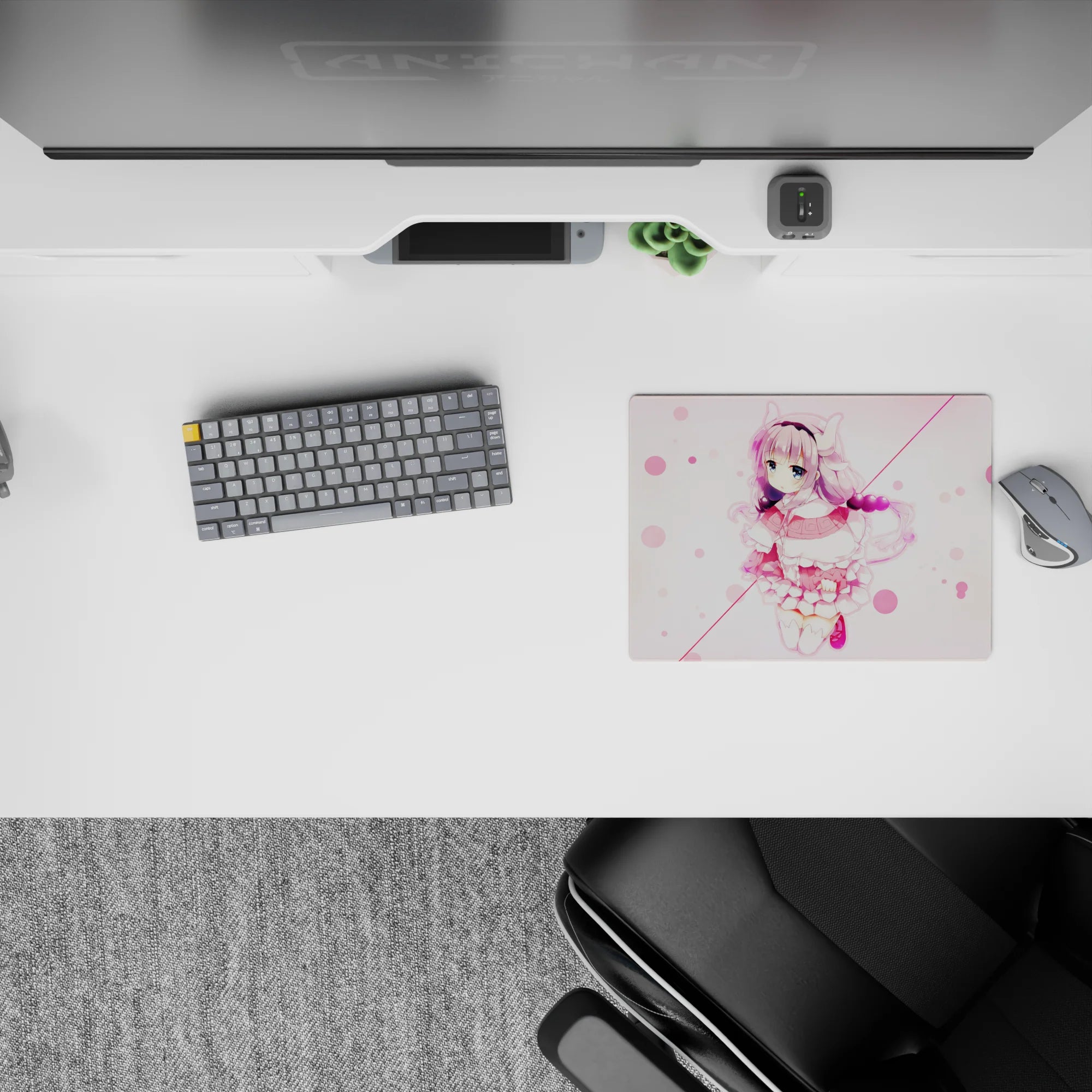 Pastel pink and cream anime mouse pad 14x10 inches, cozy cute vibe with lavender hair and blue eyes.