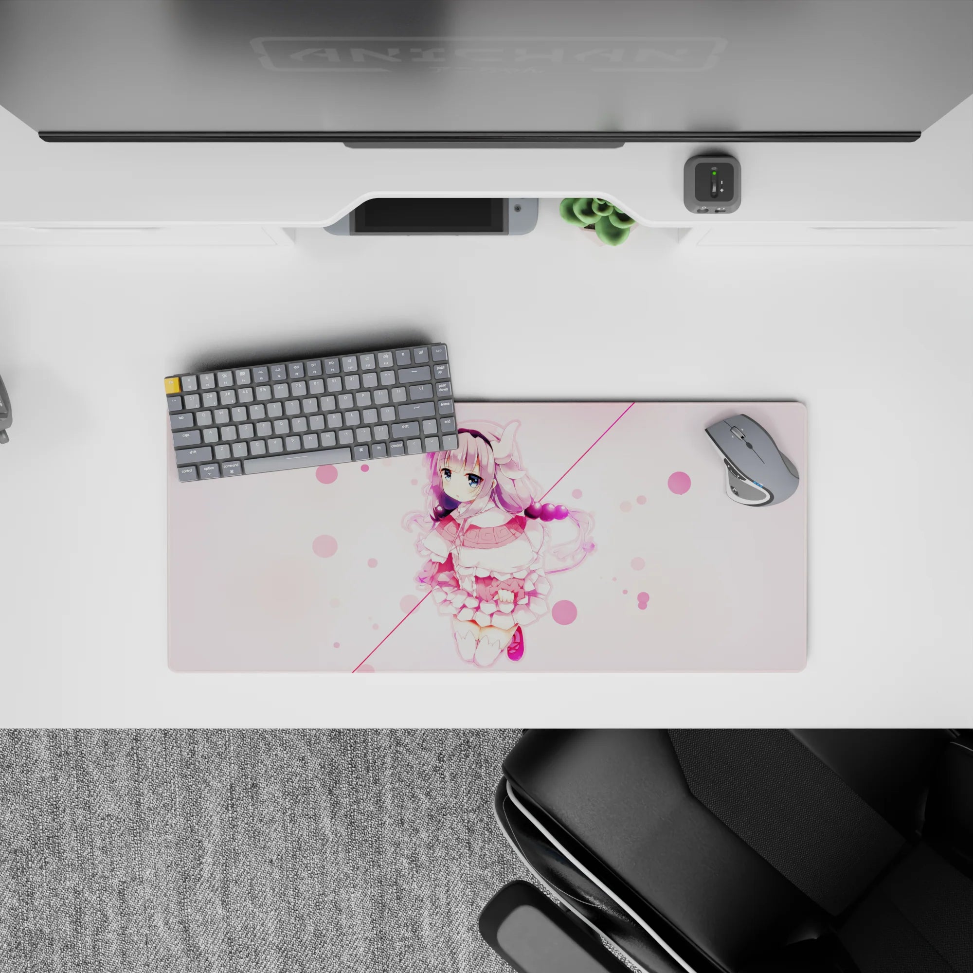 28x12 inches pastel kawaii mouse pad in soft pink and cream, cozy vibes with lavender hair accents.