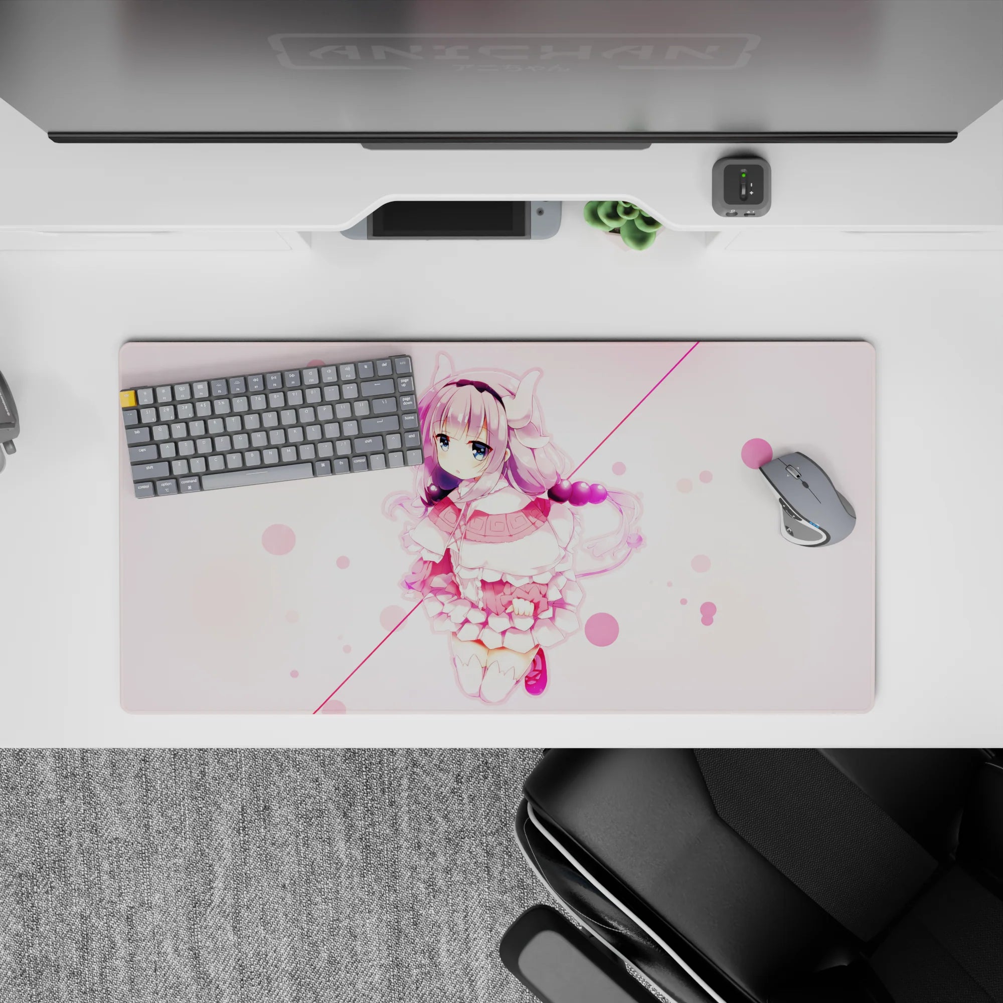 Cozy kawaii mouse pad 32x16 inches in soft pink and cream tones, dreamy bubbles, and pastel vibes.