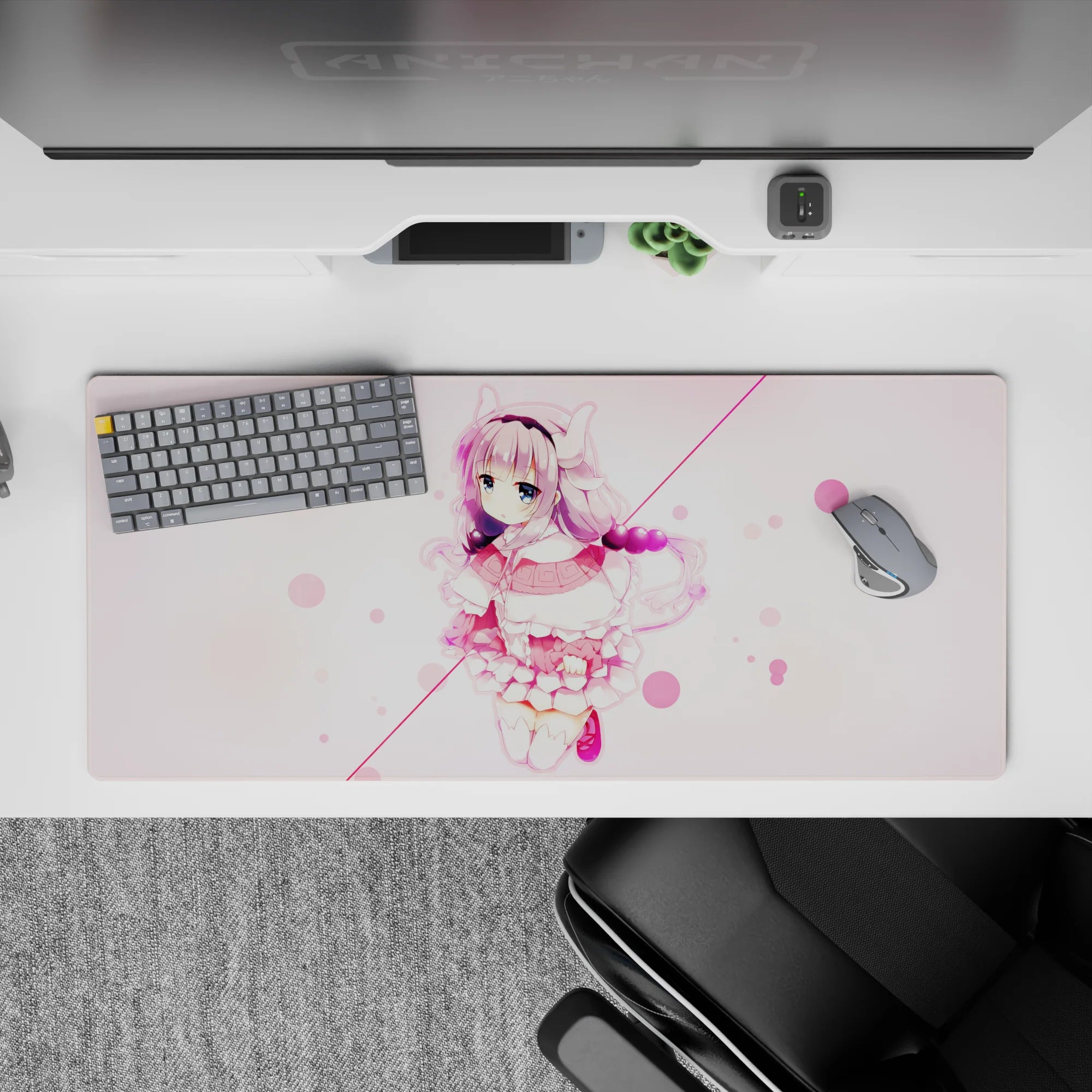Cozy pastel mood desk pad 36x16 inches in soft pink and cream, dreamy bubbles, sweet kawaii vibe.