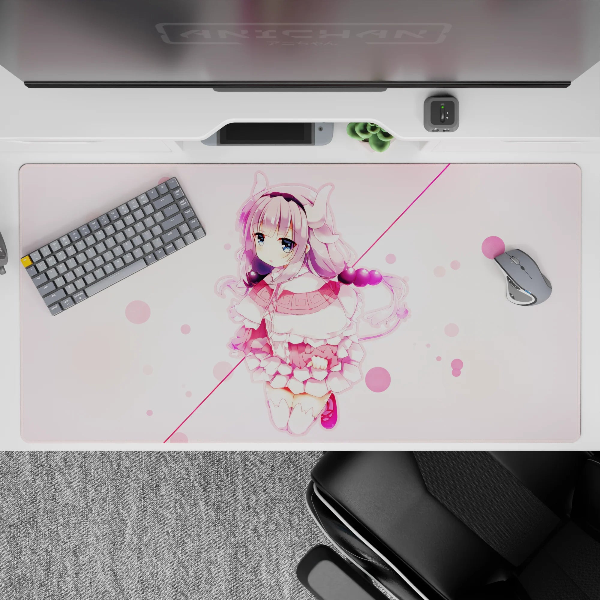 Cozy pastel pink and cream anime desk pad 40x20 inches with dreamy bubbles and soft kawaii vibe.