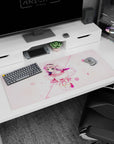 Shy anime girl desk pad 36x16 inches with blue eyes, lavender curls, cat-ear headband, floating pose.