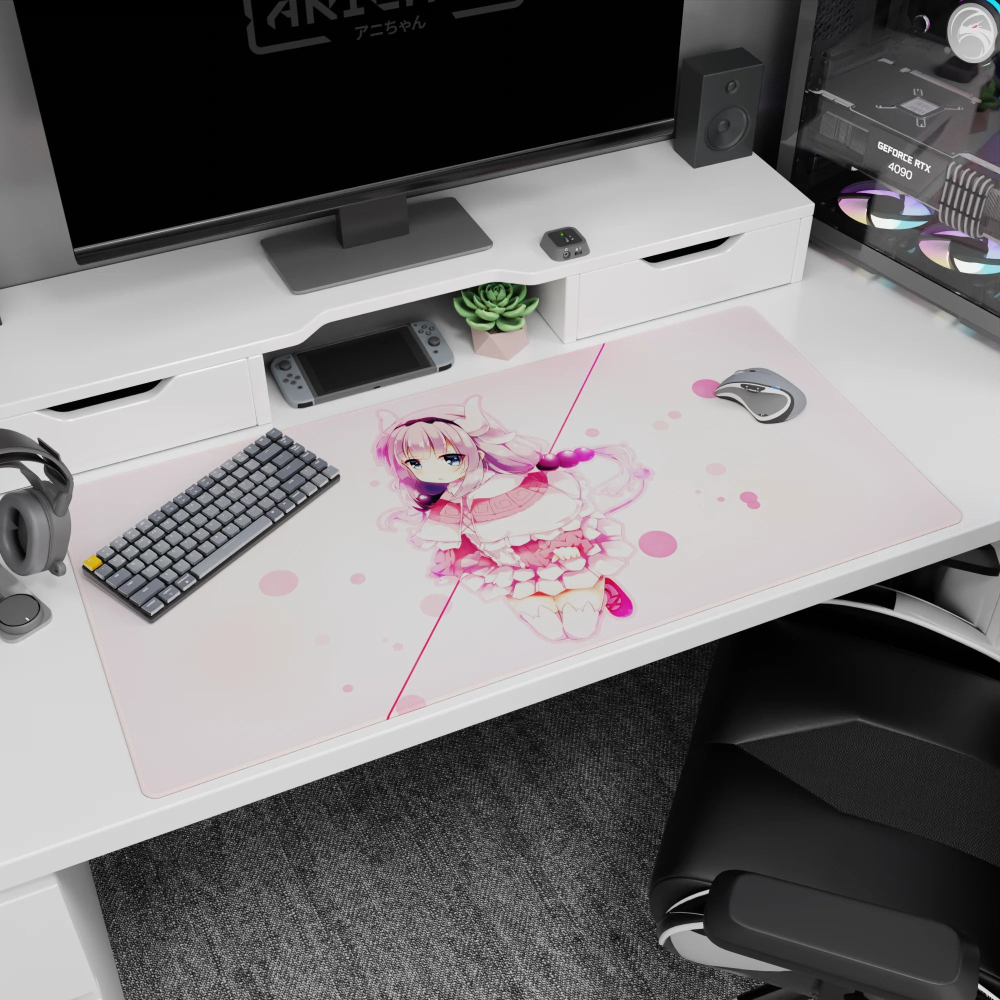 Shy anime girl floating with lavender hair, big blue eyes, and bead ribbon on 40x20 inches desk pad.