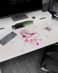 Shy anime girl floating with lavender hair, big blue eyes, and bead ribbon on 40x20 inches desk pad.