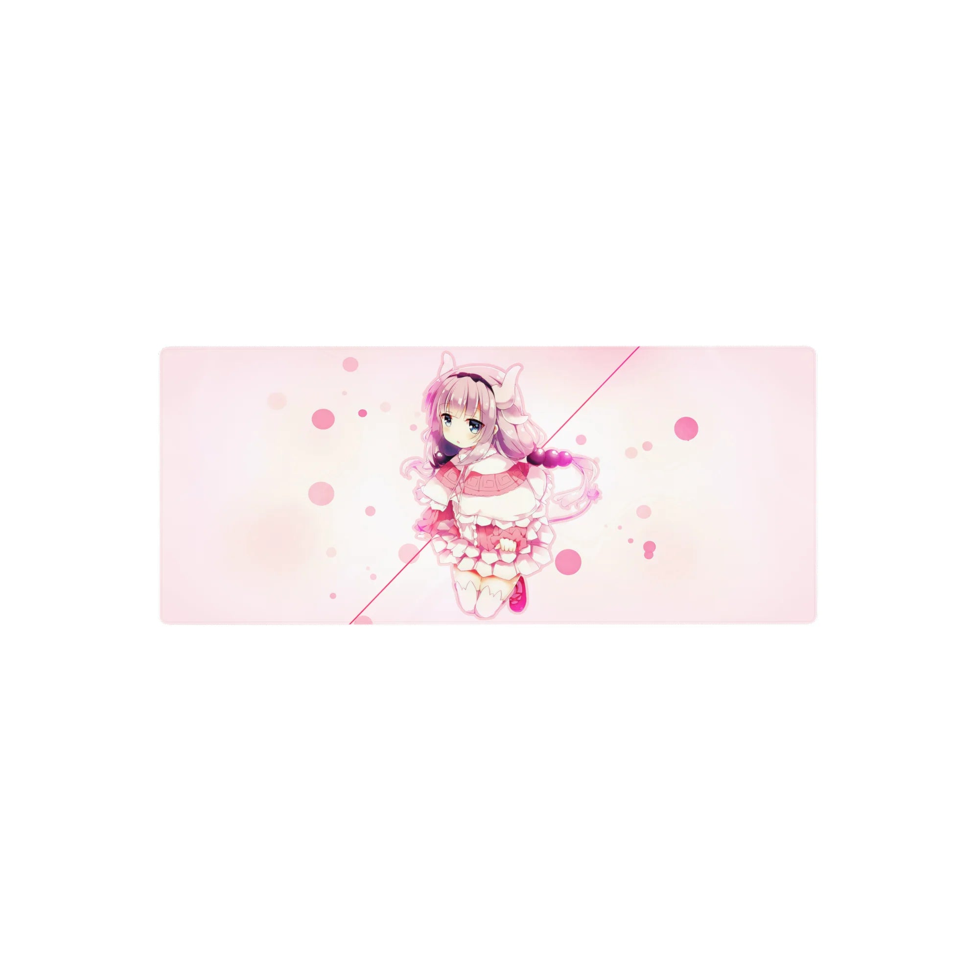 28x12 inches anime girl mouse pad with pink bubbles, creamy backdrop, cat-ear headband, frilly dress.