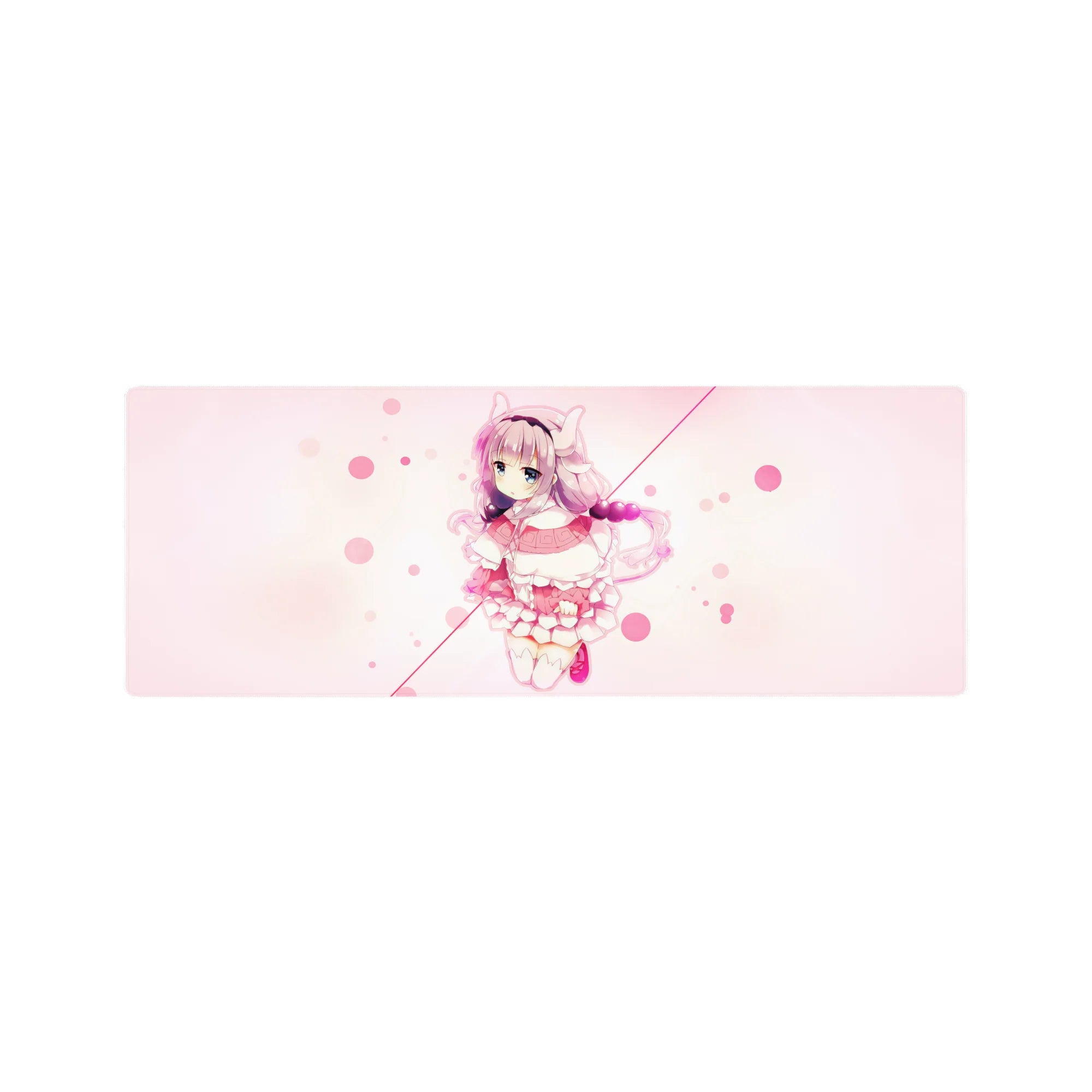 32x12 inches anime girl mouse pad with pink bubbles, creamy backdrop, and frilly rose-white dress art.