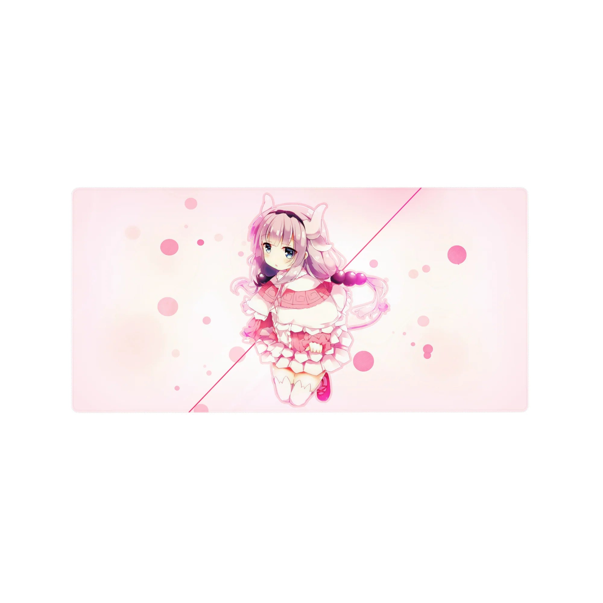 Pastel anime girl mouse pad 32x16 inches with pink bubbles, creamy backdrop, and frilly dress design.