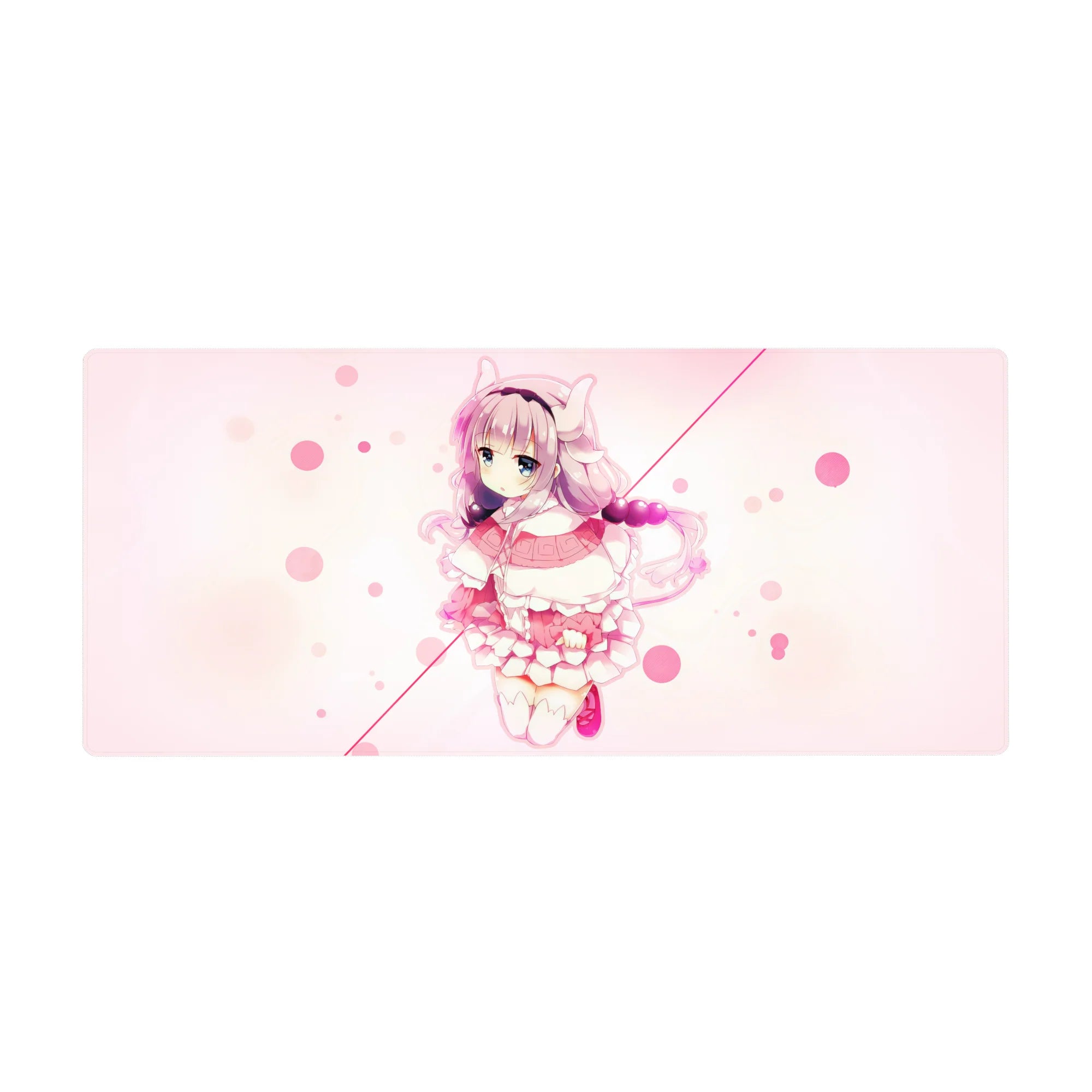 Pastel anime girl desk pad 36x16 inches with pink bubbles, creamy backdrop, frilly rose-and-white dress.