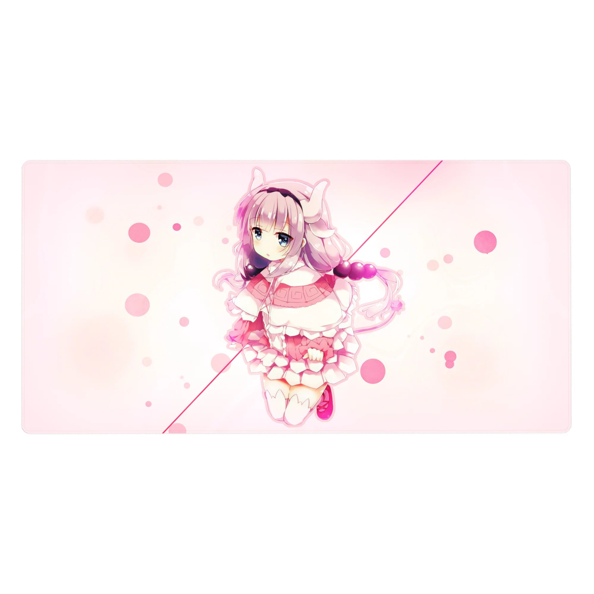 Anime girl desk pad 40x20 inches with pastel bubbles, cat-ear headband, frilly dress on creamy background.