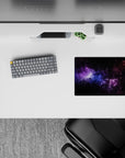 Cosmic themed classic mouse pad 14x10 inches with swirling black nebula, violet haze, and soft blue stardust.