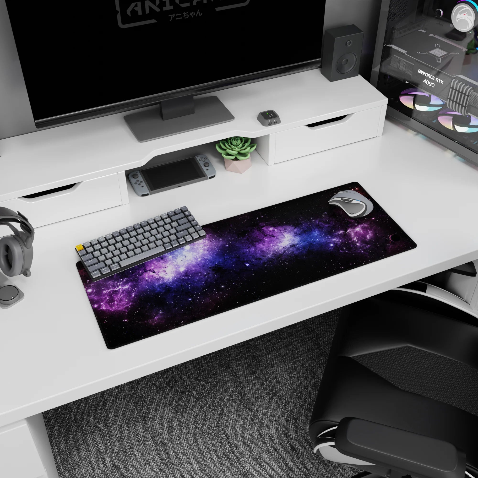 Galaxy themed desk mouse pad 32x12 inches with black, violet, and blue stardust design for modern workspace.
