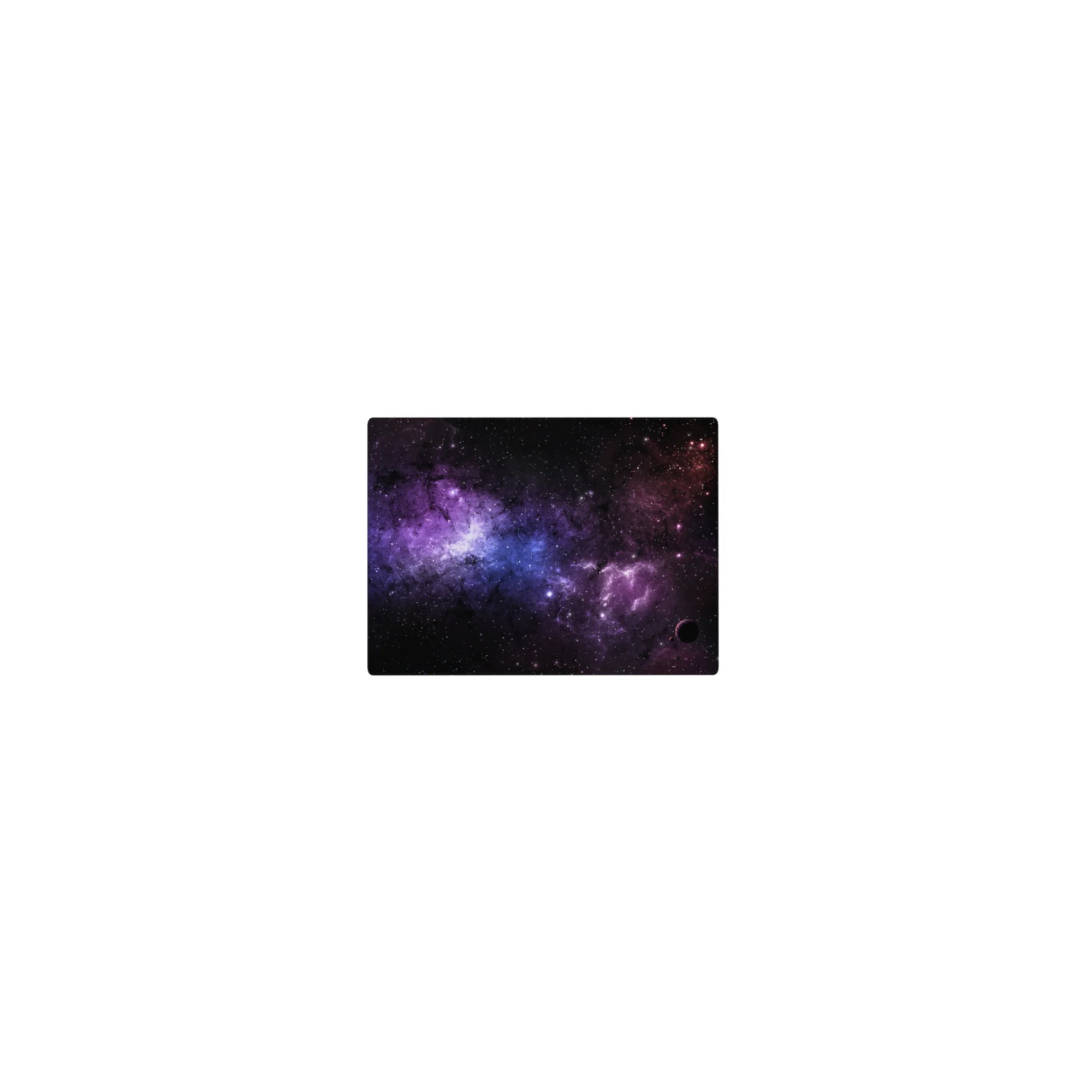 Cosmic deep space design mouse pad with black nebula clouds and violet haze, 14x10 inches desk accessory.
