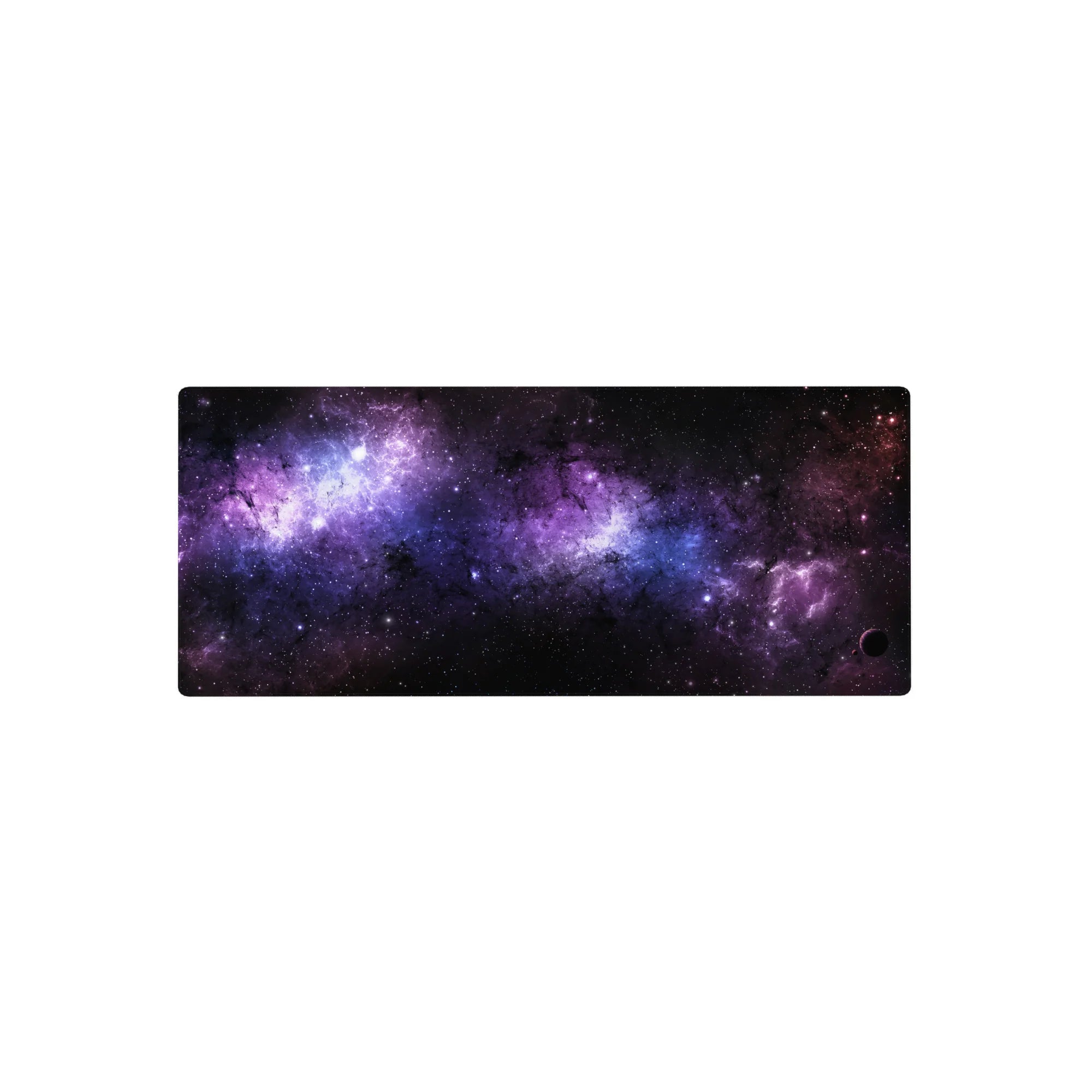 Galaxy-inspired extended mouse pad with violet nebula and stardust pattern, desk size 28x12 inches.