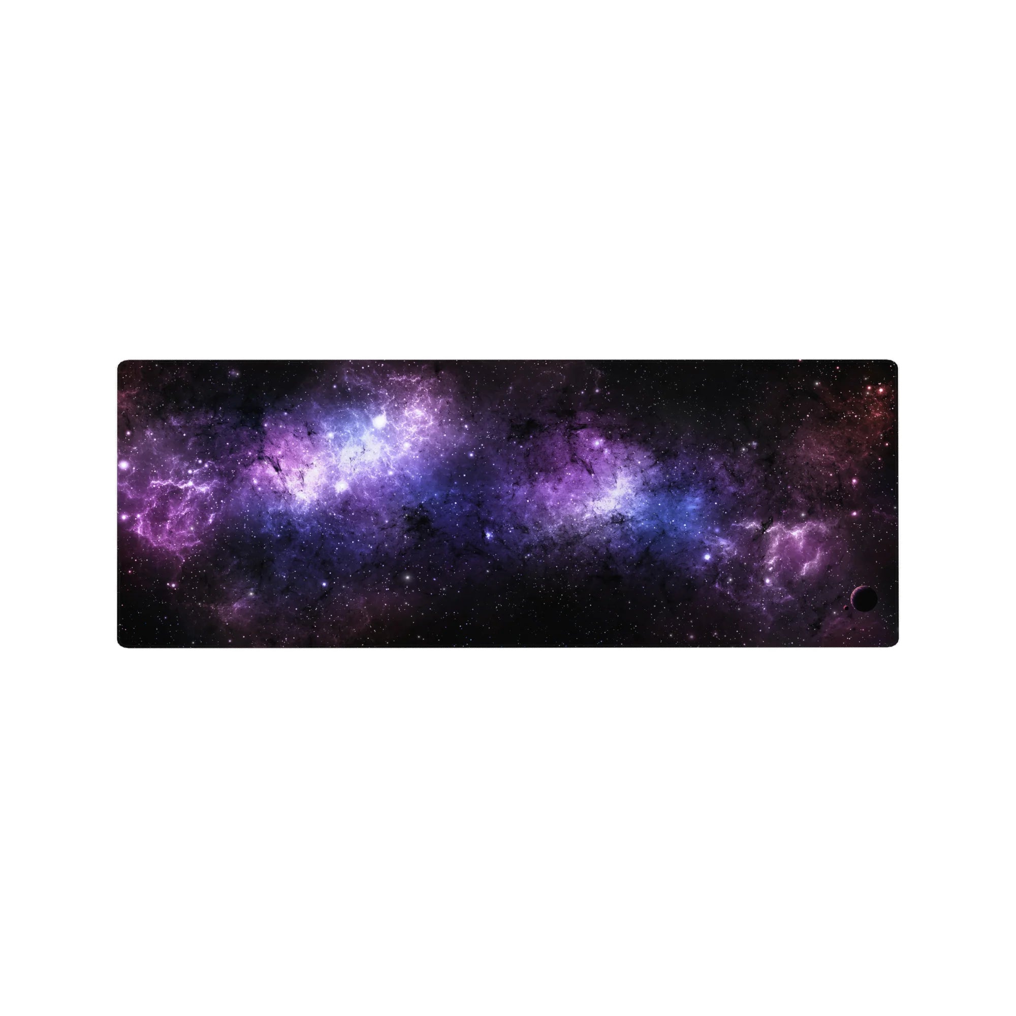 Cosmic galaxy desk mouse pad 32x12 inches with swirling black, violet, and blue nebula design.