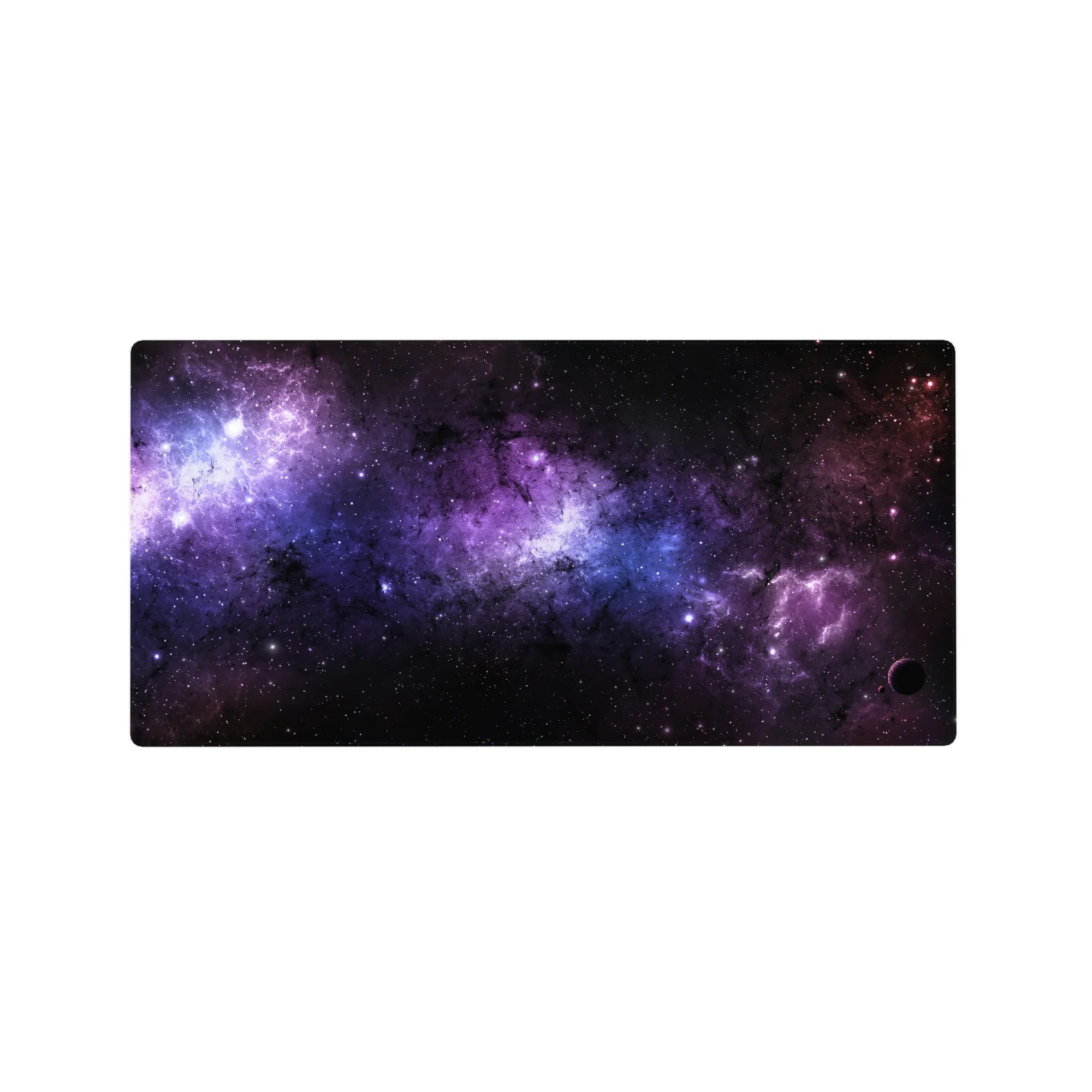 Galaxy-themed desk mouse pad with black, violet, and blue nebula pattern, size 32x16 inches.