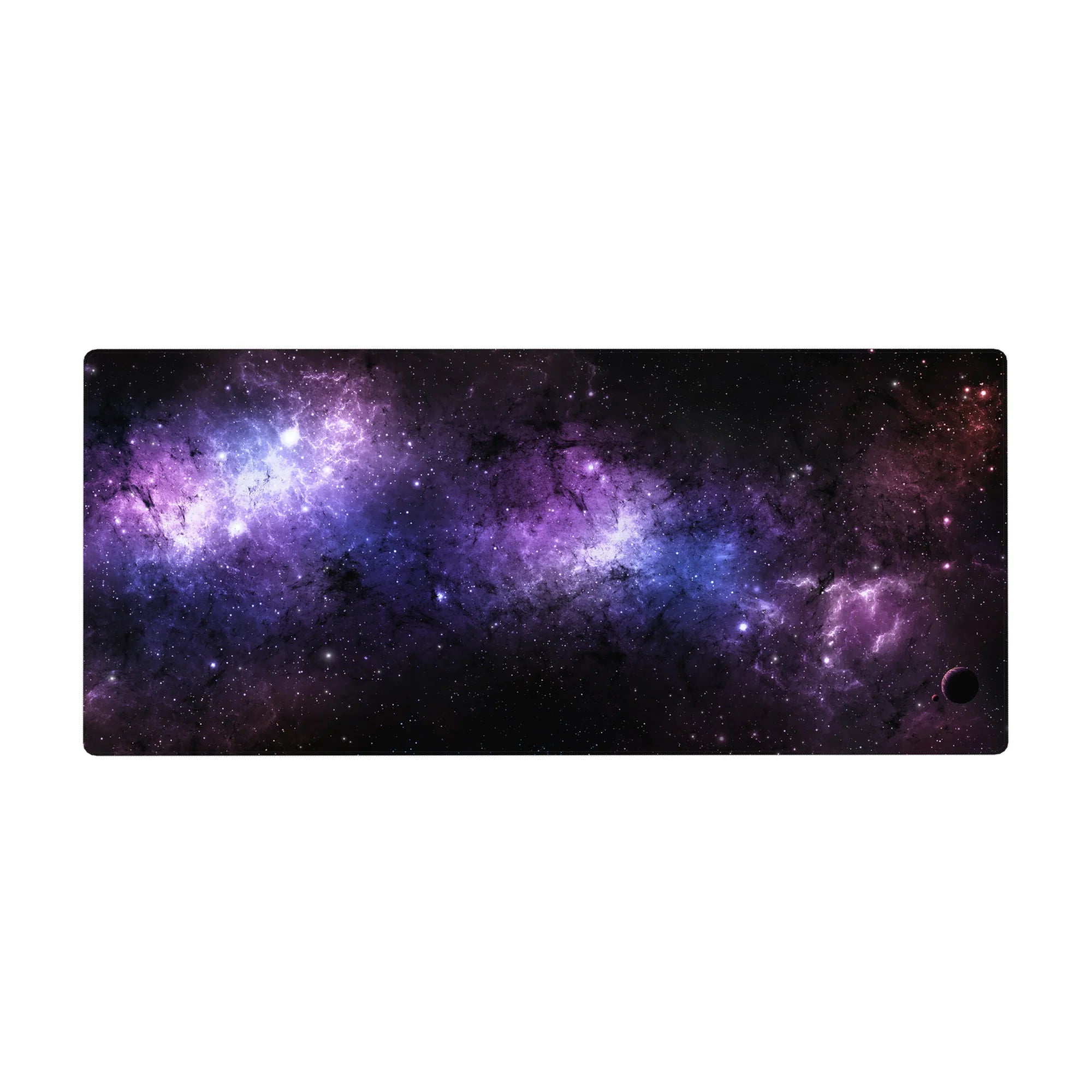 Galaxy-themed desk pad 36x16 inches with violet nebula clouds, soft blue stardust, and starry cosmic design.