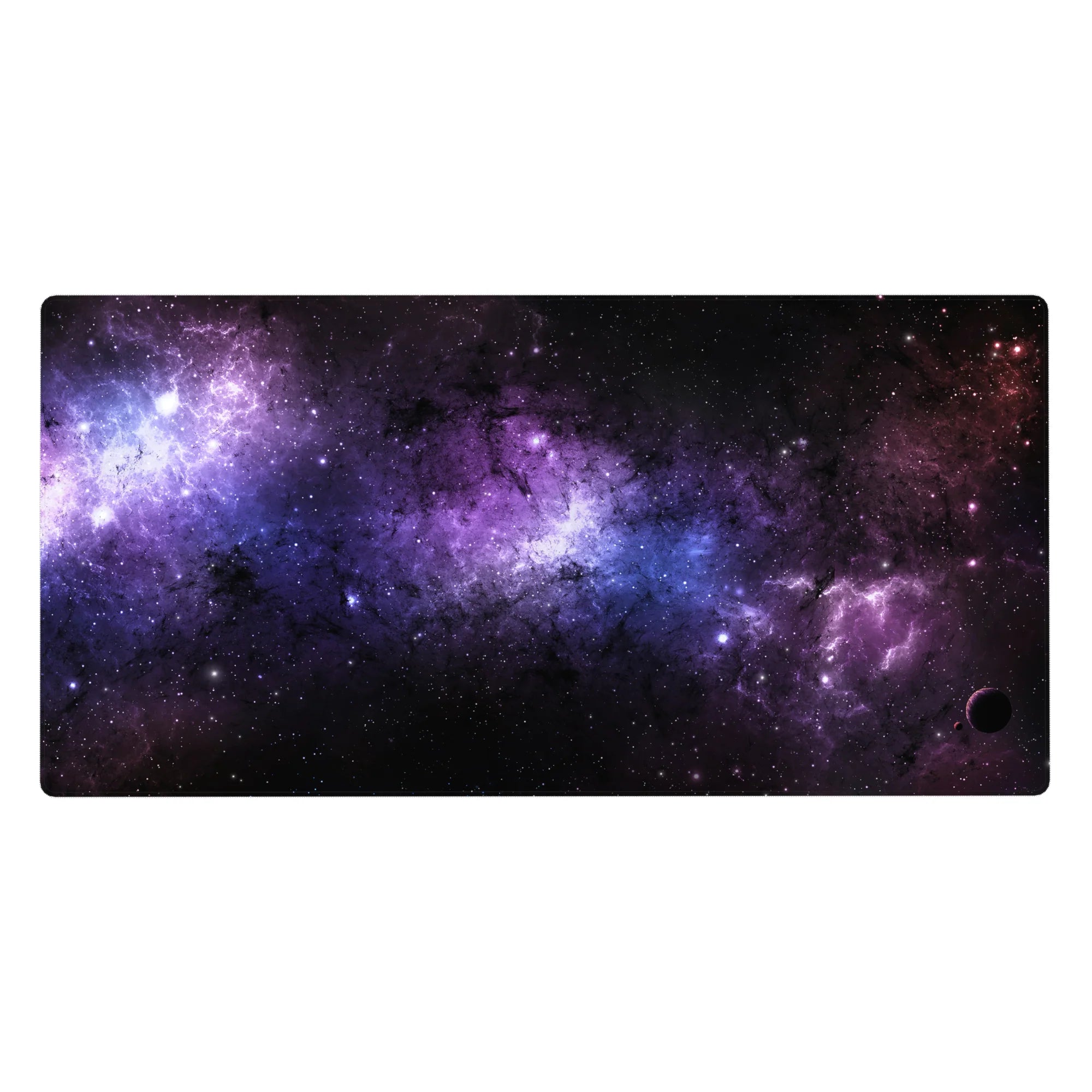 Galaxy-inspired desk pad 40x20 inches with swirling black nebula, violet haze, and soft blue stardust design.