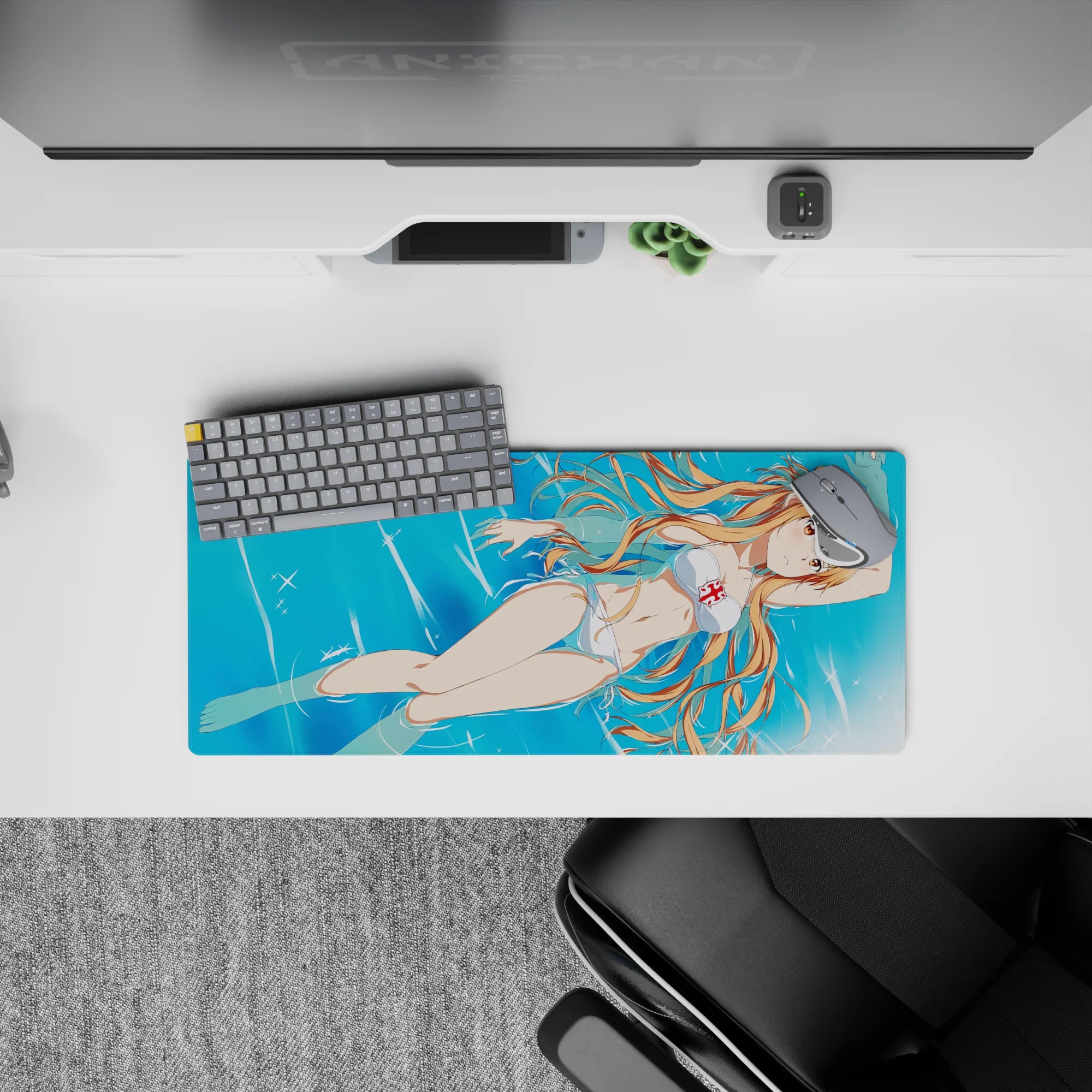 Asuna from Sword Art Online in a white bikini, drifting in water on a 28x12 inch mouse pad, perfect for anime fans.