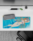 Asuna from Sword Art Online in a white bikini, drifting in water on a 28x12 inch mouse pad, perfect for anime fans.