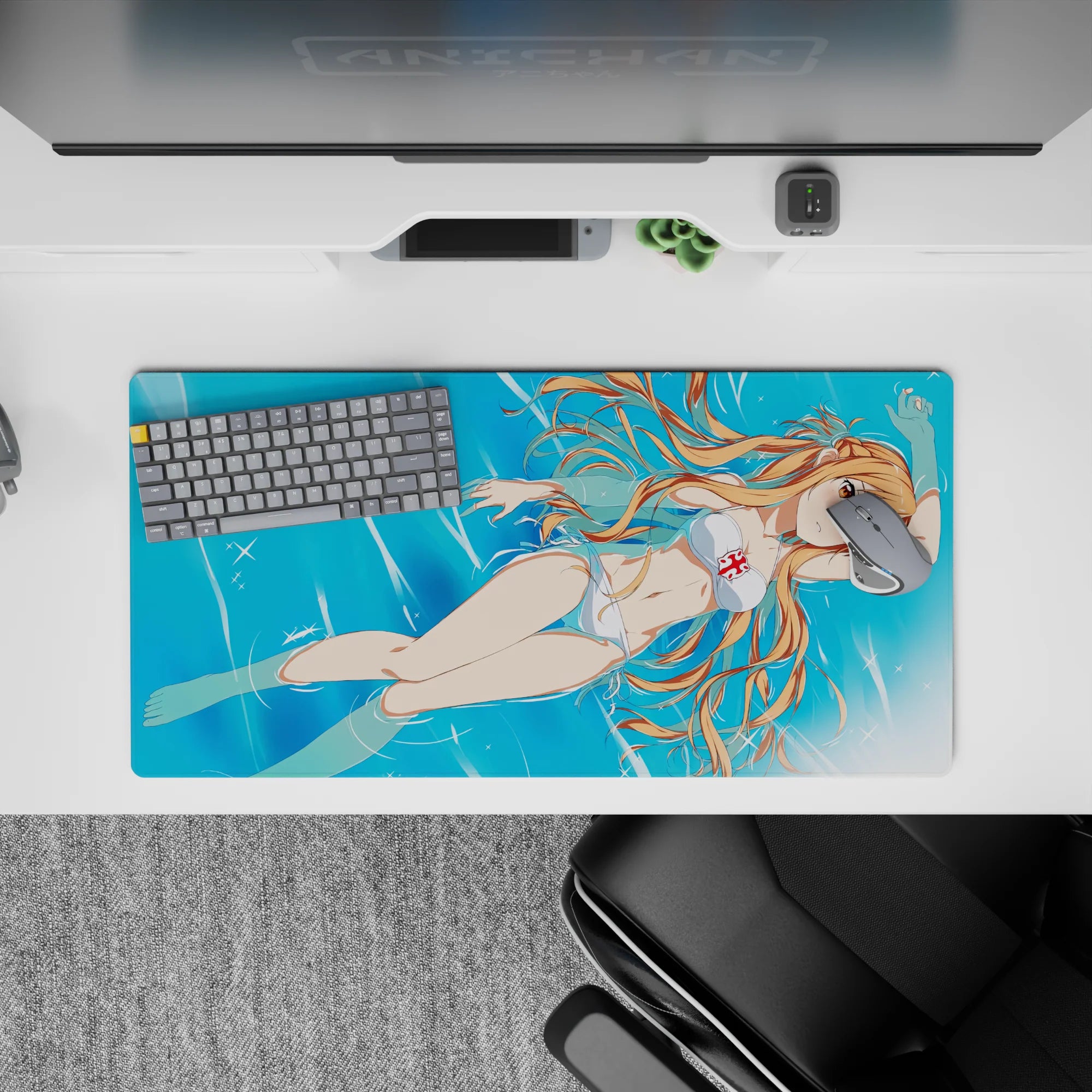 Asuna from Sword Art Online on a 32x16 inch mouse pad, in a white bikini, drifts in sunlit water, exuding a breezy summer vibe.