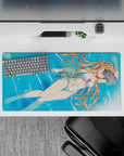 Asuna from Sword Art Online on a 32x16 inch mouse pad, in a white bikini, drifts in sunlit water, exuding a breezy summer vibe.
