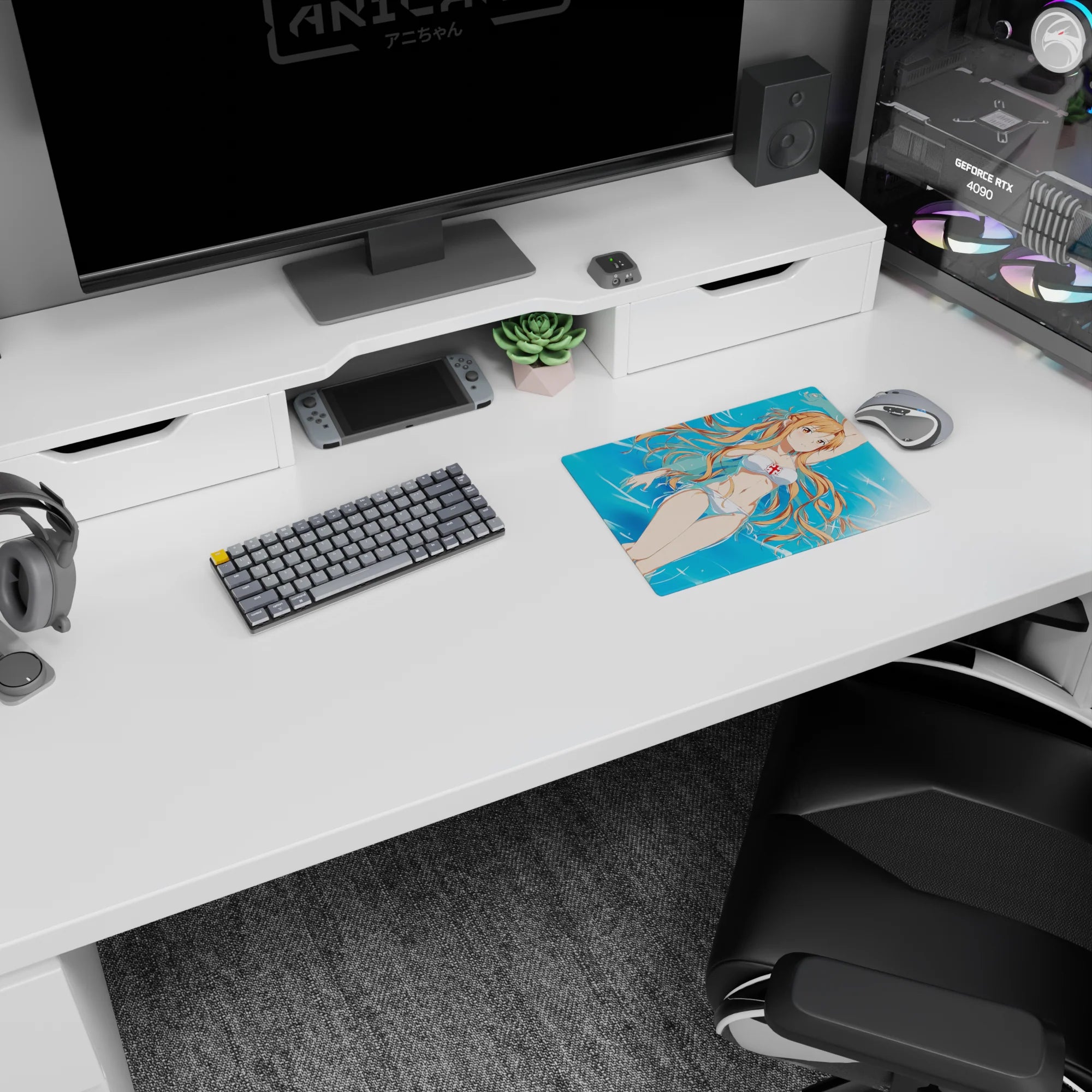 Asuna from Sword Art Online in sunlit water on 14x10 inch mouse pad, white bikini and flowing hair evoke summer vibes.