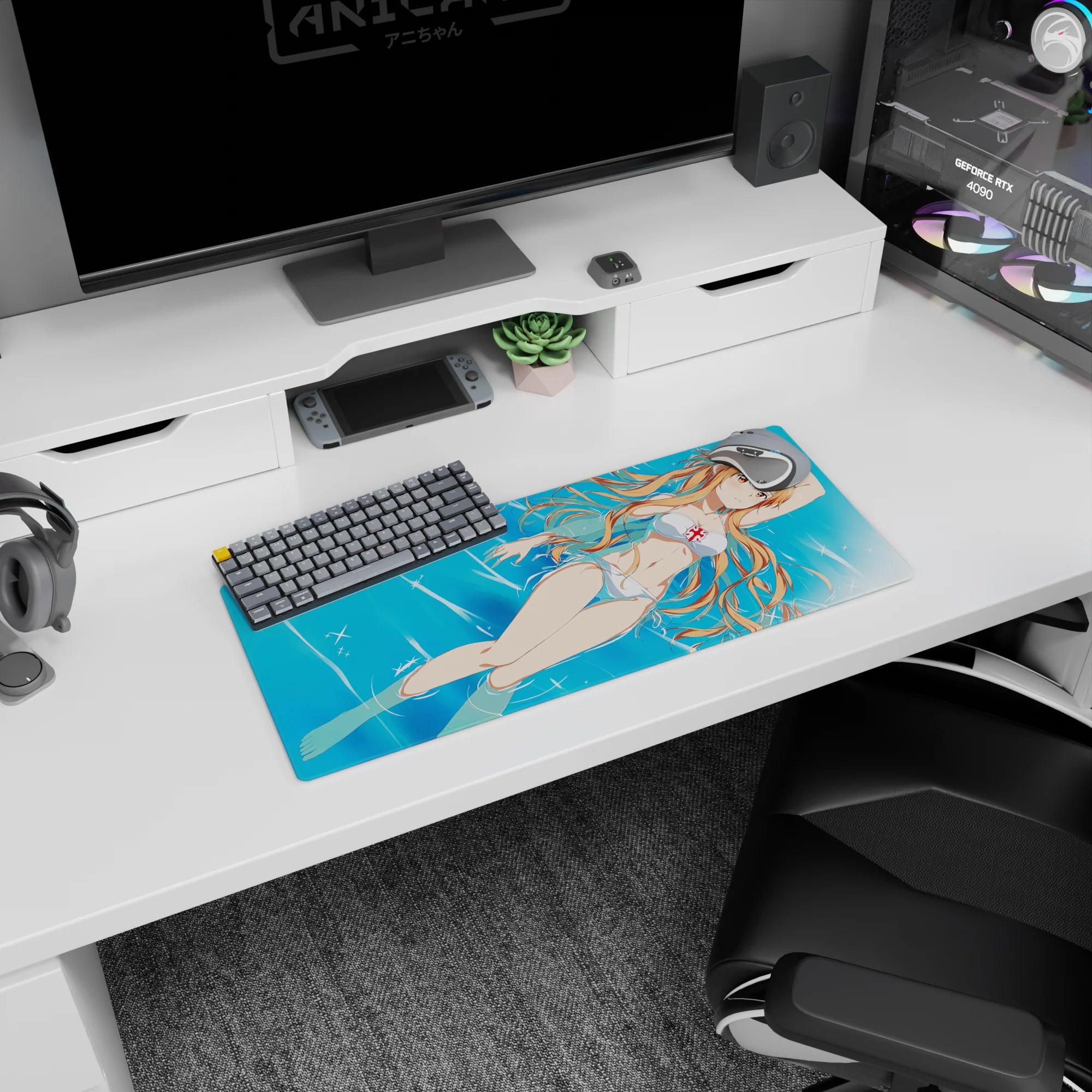 Asuna in white bikini on a 28x12 inch anime mouse pad, capturing a serene summer vibe from Sword Art Online, perfect for fans.