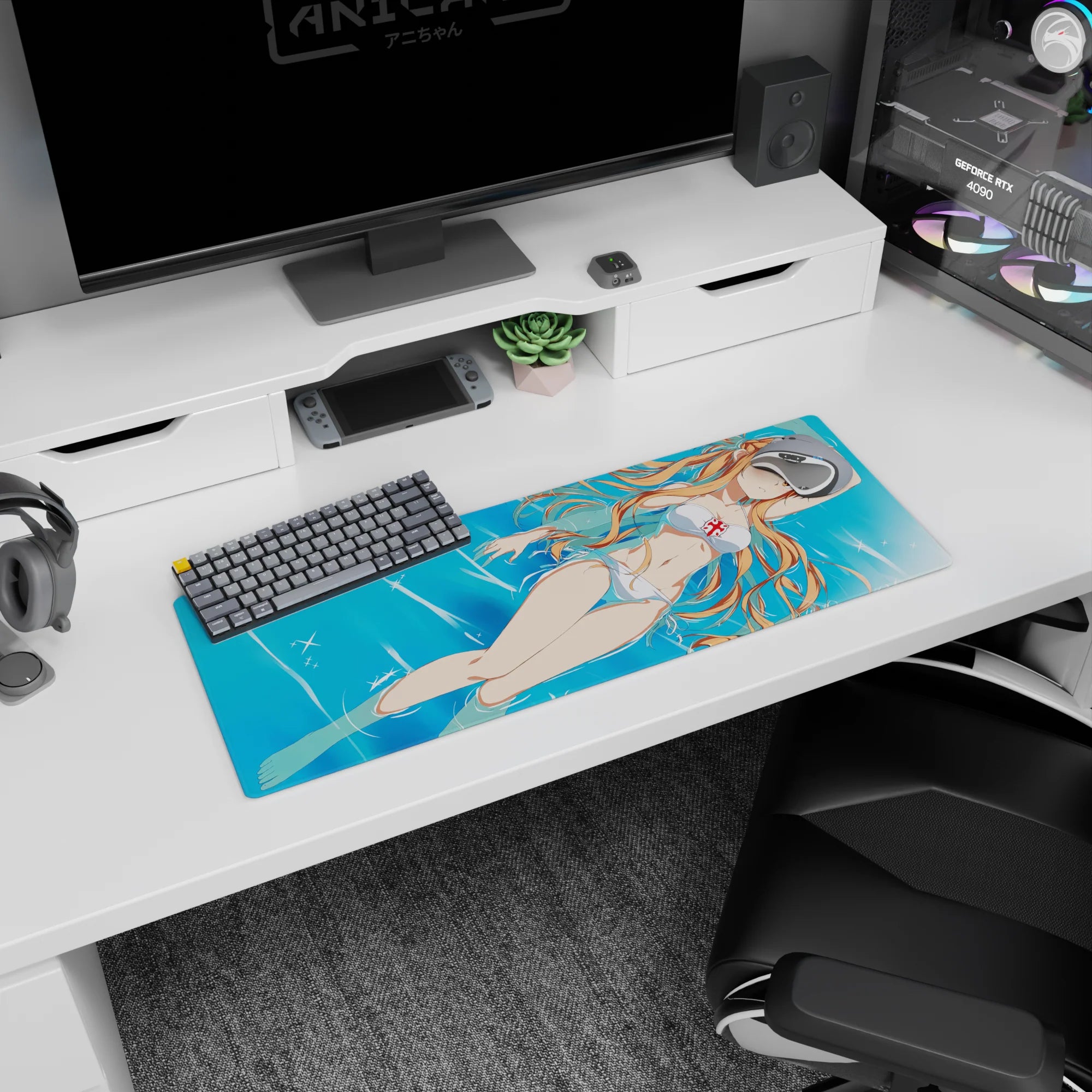 Mouse pad 32x12 inches featuring Asuna from Sword Art Online in a white bikini, sunlit water, and flowing hair.