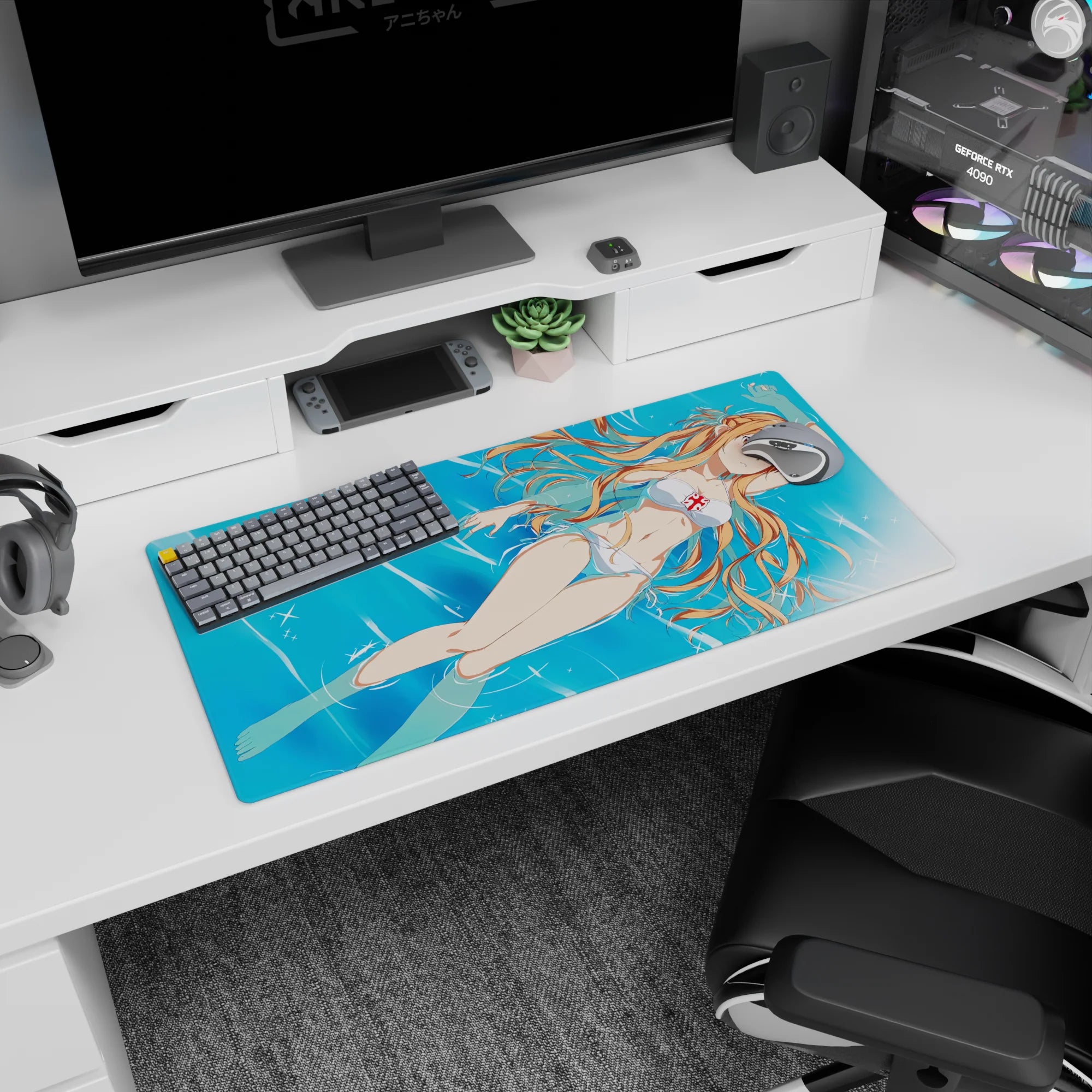 Asuna from Sword Art Online in a white bikini floats in sunlit water on a 32x16 inches mouse pad, adding a breezy summer vibe.