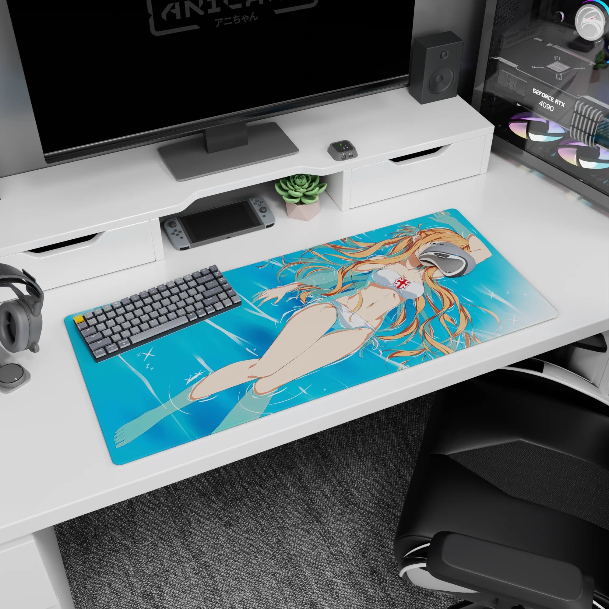 Asuna from Sword Art Online in a white bikini on a 36x16 inch anime mouse pad, creating a serene, summery vibe.