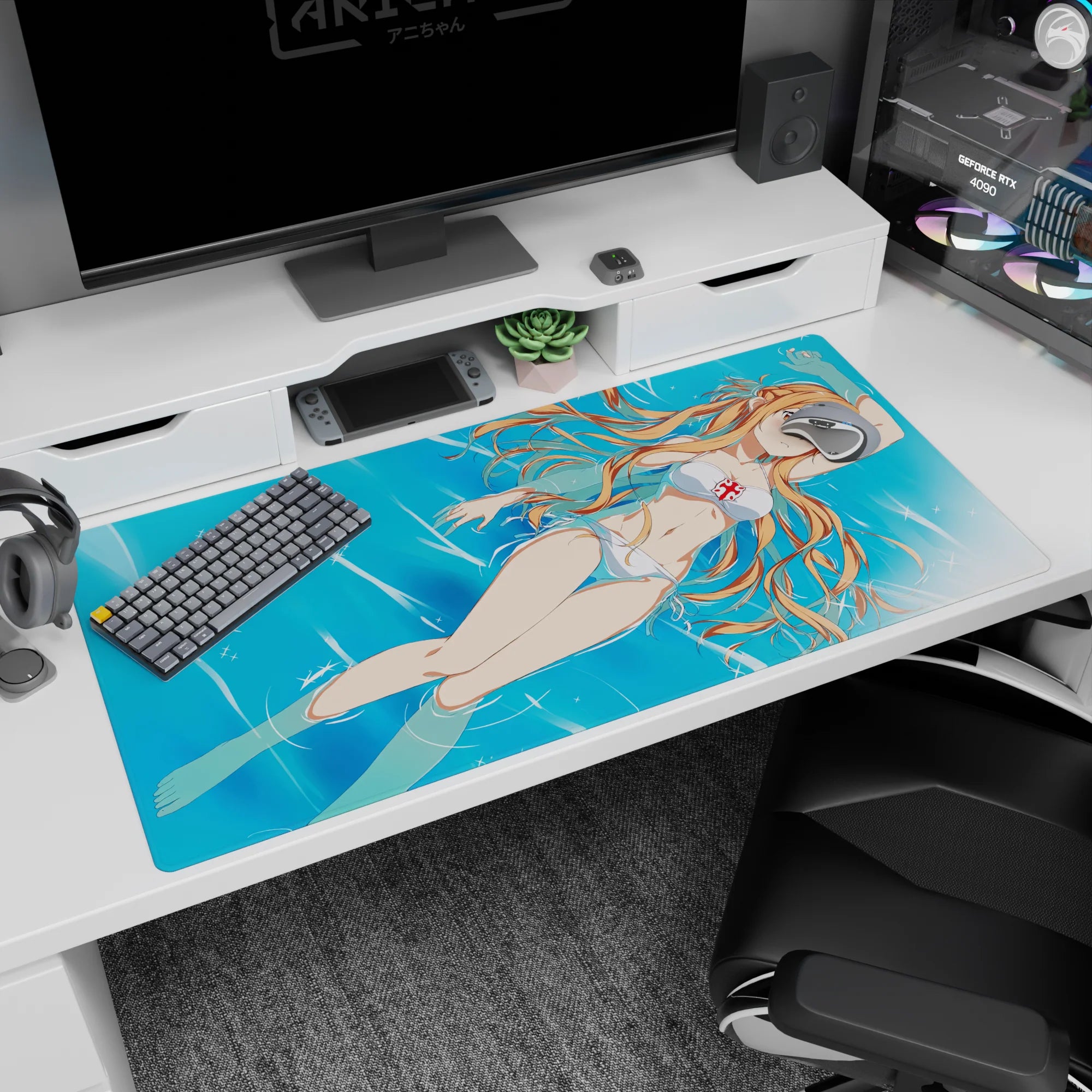 Asuna in white bikini from Sword Art Online on 40x20 inch anime desk pad, evoking a breezy, summer vibe.