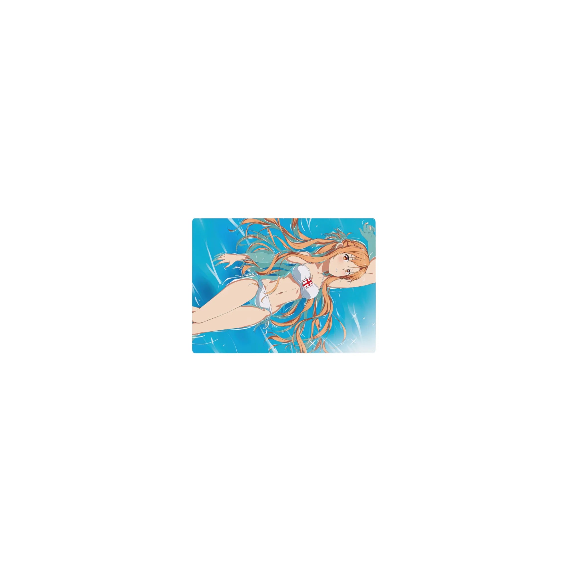 Asuna in a white bikini from Sword Art Online, 14x10 inches anime mouse pad, captures sunlit water and summer vibes.