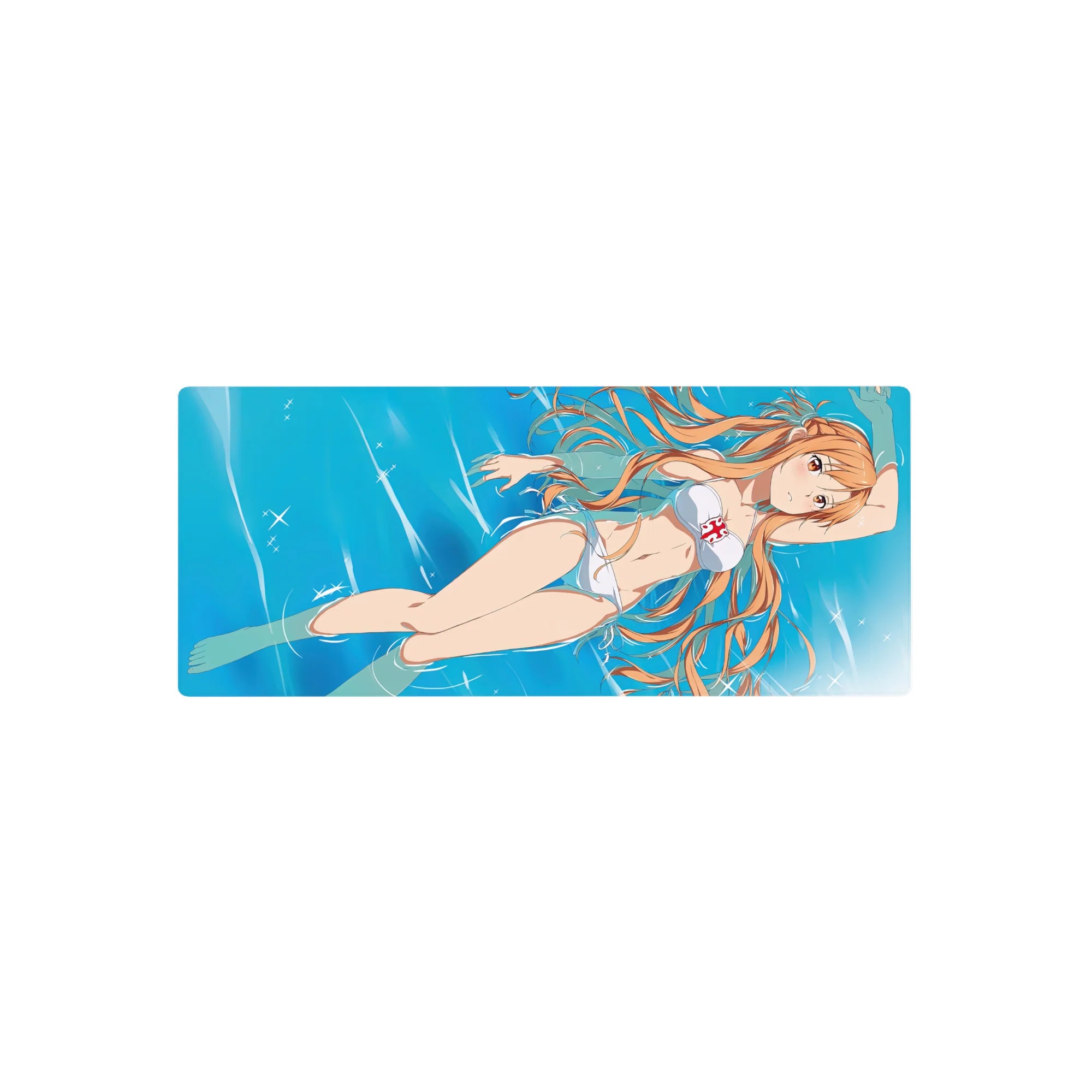 Asuna from Sword Art Online in sunlit water, white bikini, 28x12 inches anime mouse pad, summer vibe, cool blues.