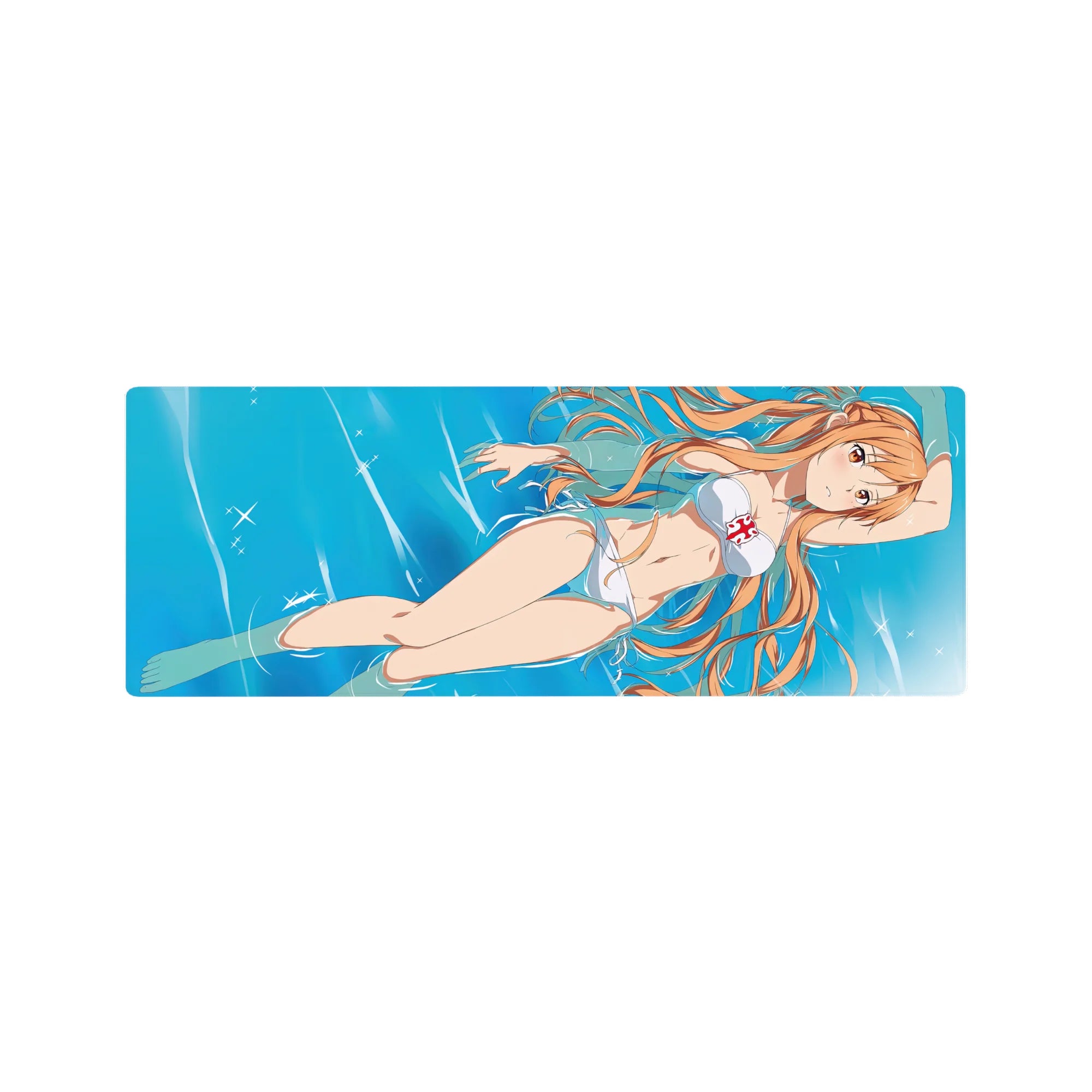 Asuna from Sword Art Online in a white bikini on a 32x12 inch mouse pad, serene summer vibe with sunlit water reflections.