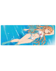Asuna from Sword Art Online in a white bikini on a 32x12 inch mouse pad, serene summer vibe with sunlit water reflections.