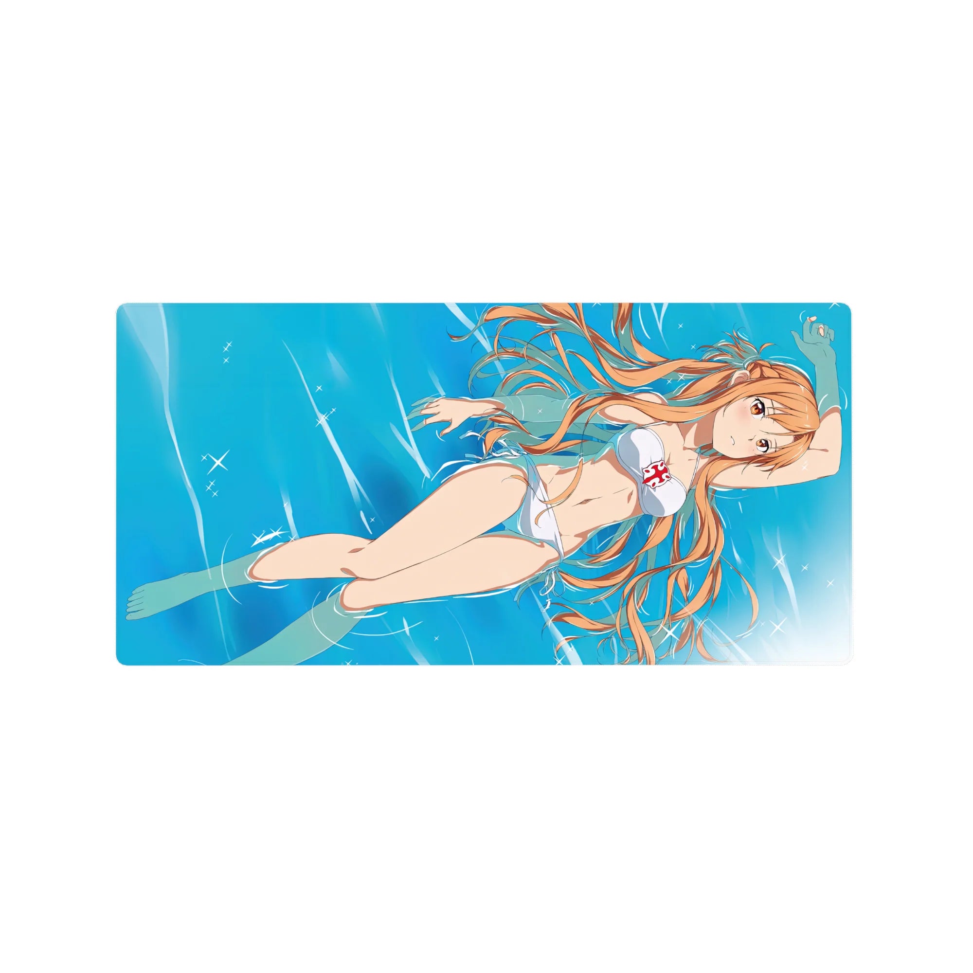 Asuna from Sword Art Online on a 32x16 inch mouse pad, in a white bikini, adds a breezy summer vibe with cool blues.