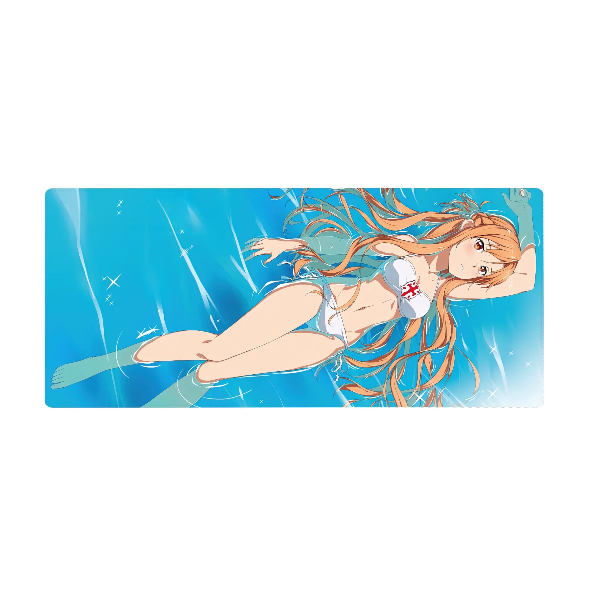 Anime desk pad featuring Asuna from Sword Art Online in a white bikini, size 36x16 inches, exuding summer vibes.