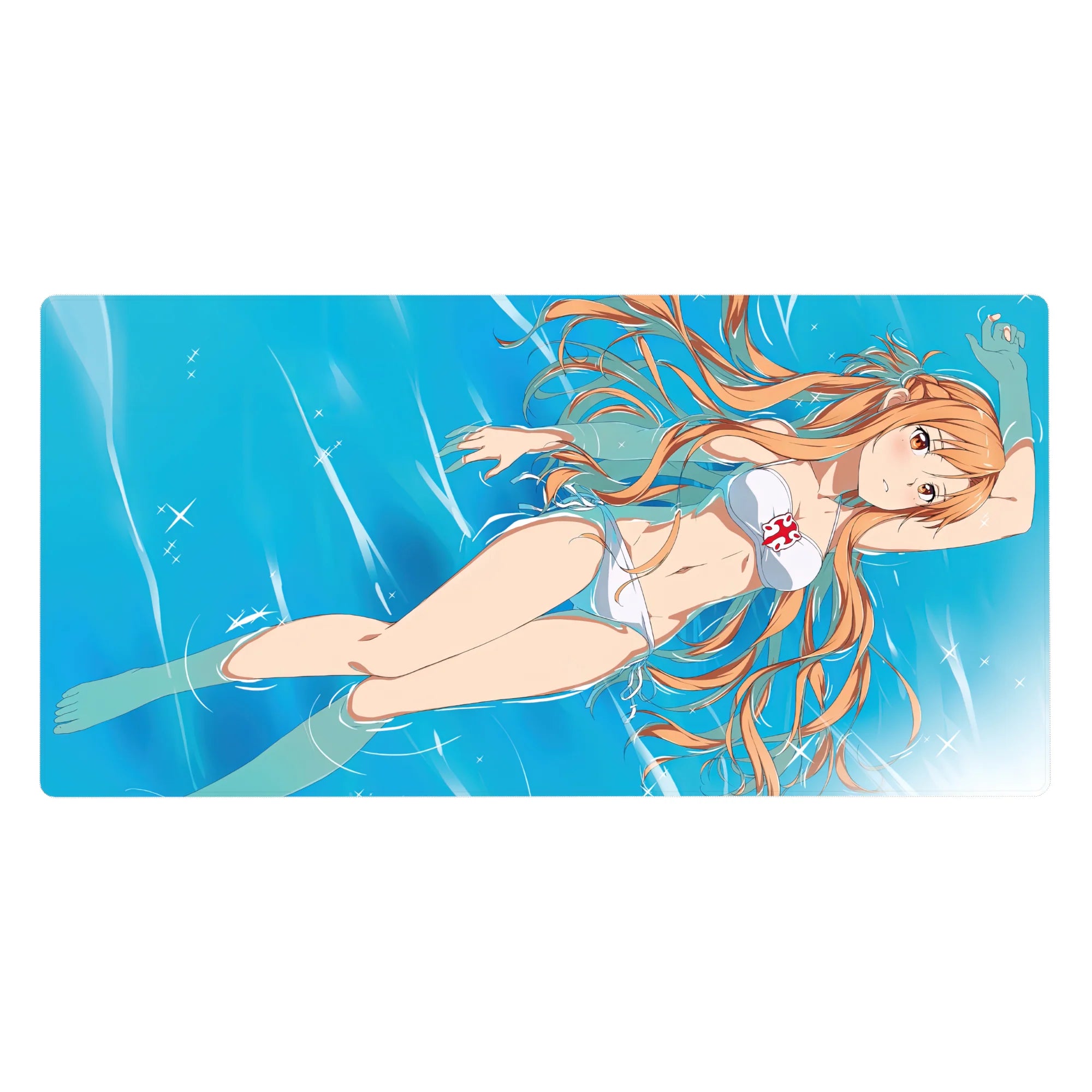 Asuna from Sword Art Online floats in water, white bikini glistening. Anime desk pad, 40x20 inches, evokes summer vibes.