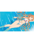 Asuna from Sword Art Online floats in water, white bikini glistening. Anime desk pad, 40x20 inches, evokes summer vibes.